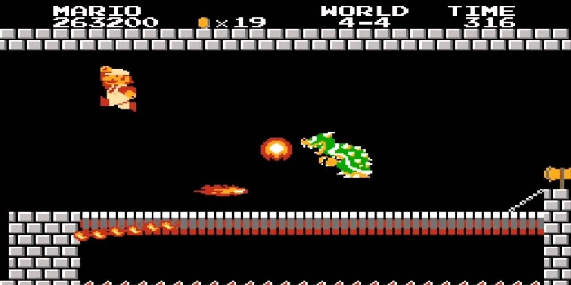Mario đối đầu với Bowser trong Super Mario Bros phiên bản NES kinh điển