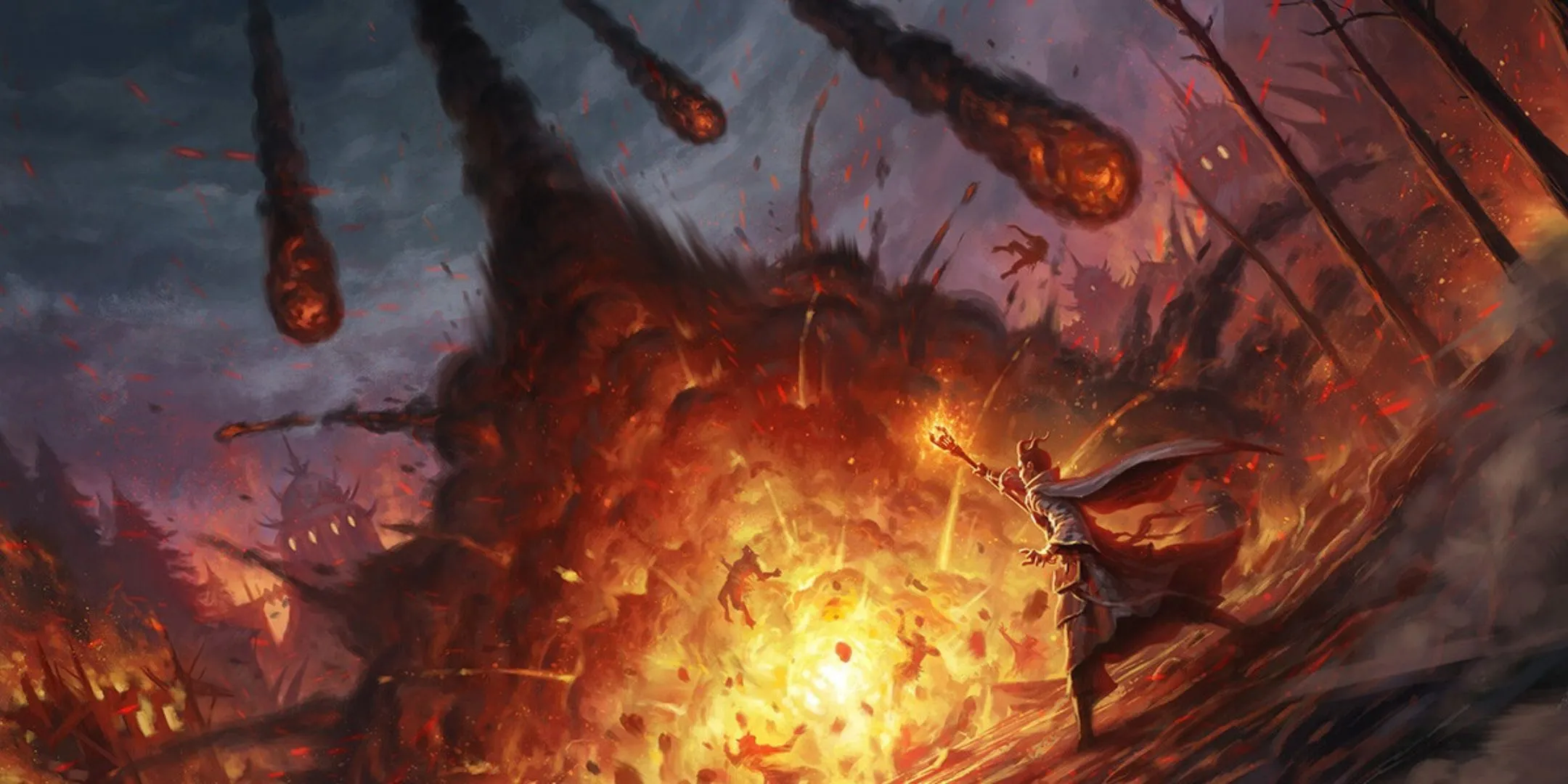 Một pháp sư Tiefling thi triển Meteor Swarm giáng những thiên thạch hủy diệt xuống kẻ thù