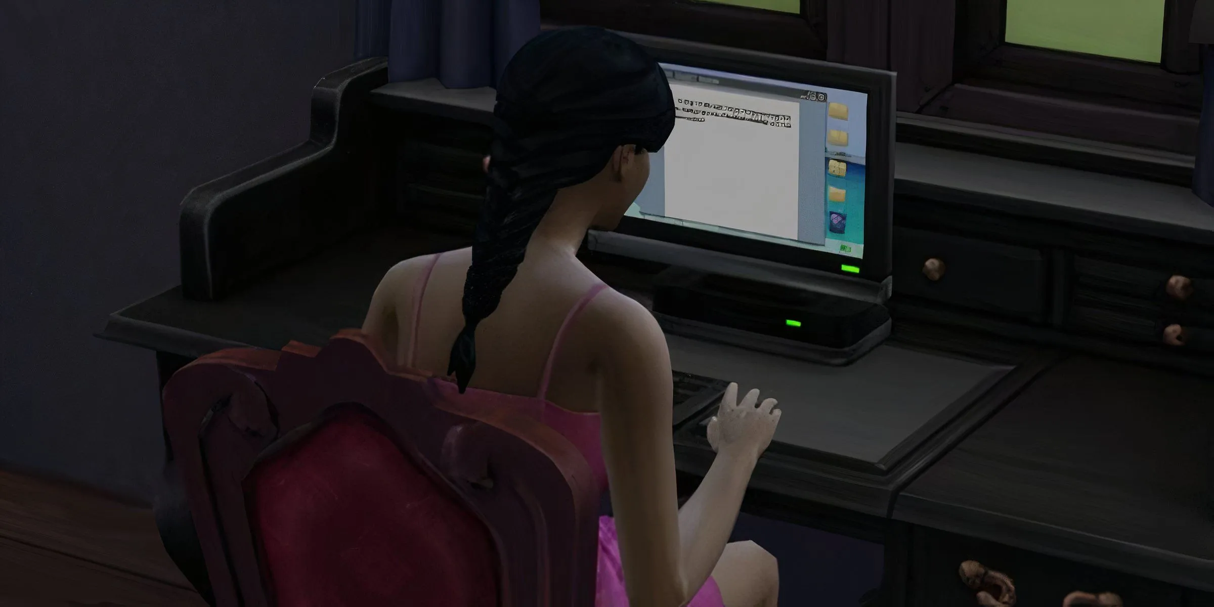 Một Sim tóc đen đang gõ sách trên máy tính trong The Sims 4, bối cảnh một lỗi máy tính tiềm ẩn