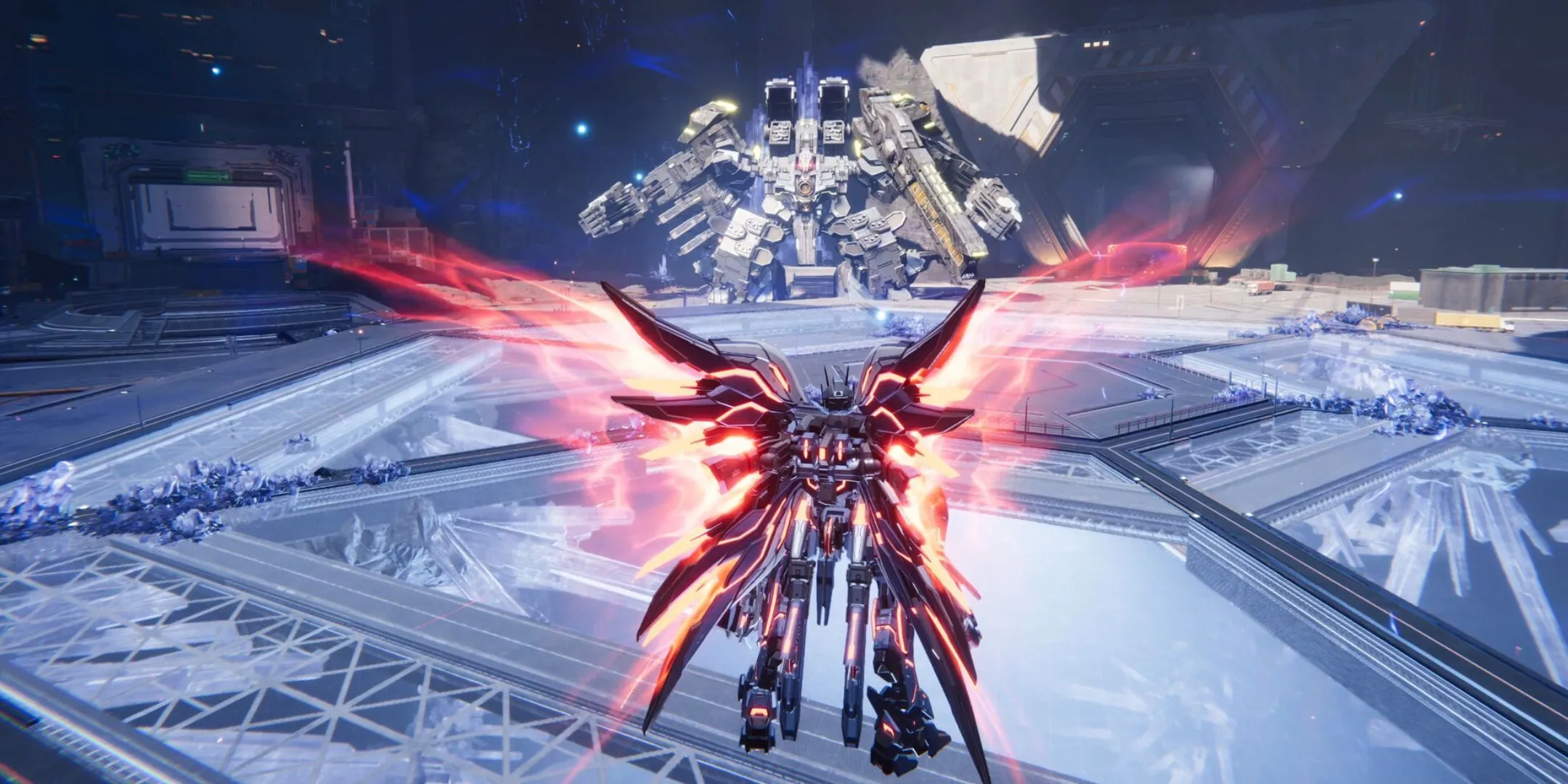 Một Striker cận chiến trong Mecha Break đối đầu với boss khổng lồ, minh họa các trận chiến đa dạng