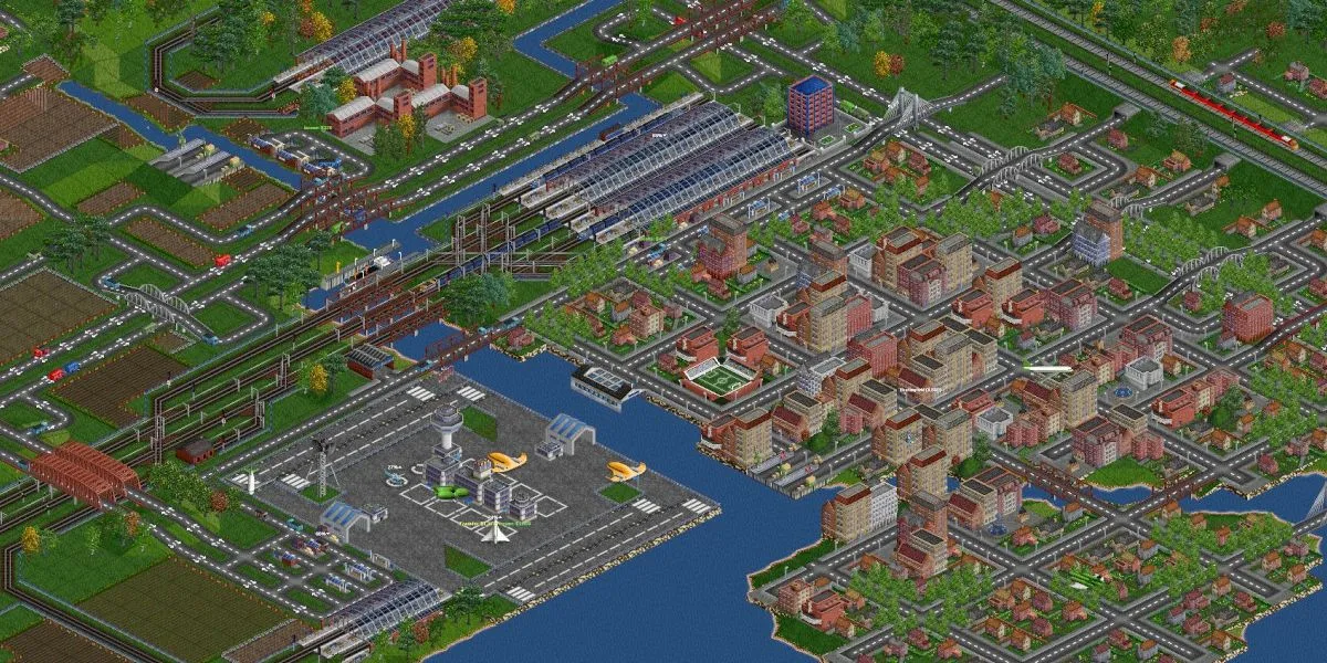 Một thành phố sầm uất với hệ thống giao thông phức tạp được xây dựng trong game OpenTTD, mô phỏng kinh doanh vận tải.