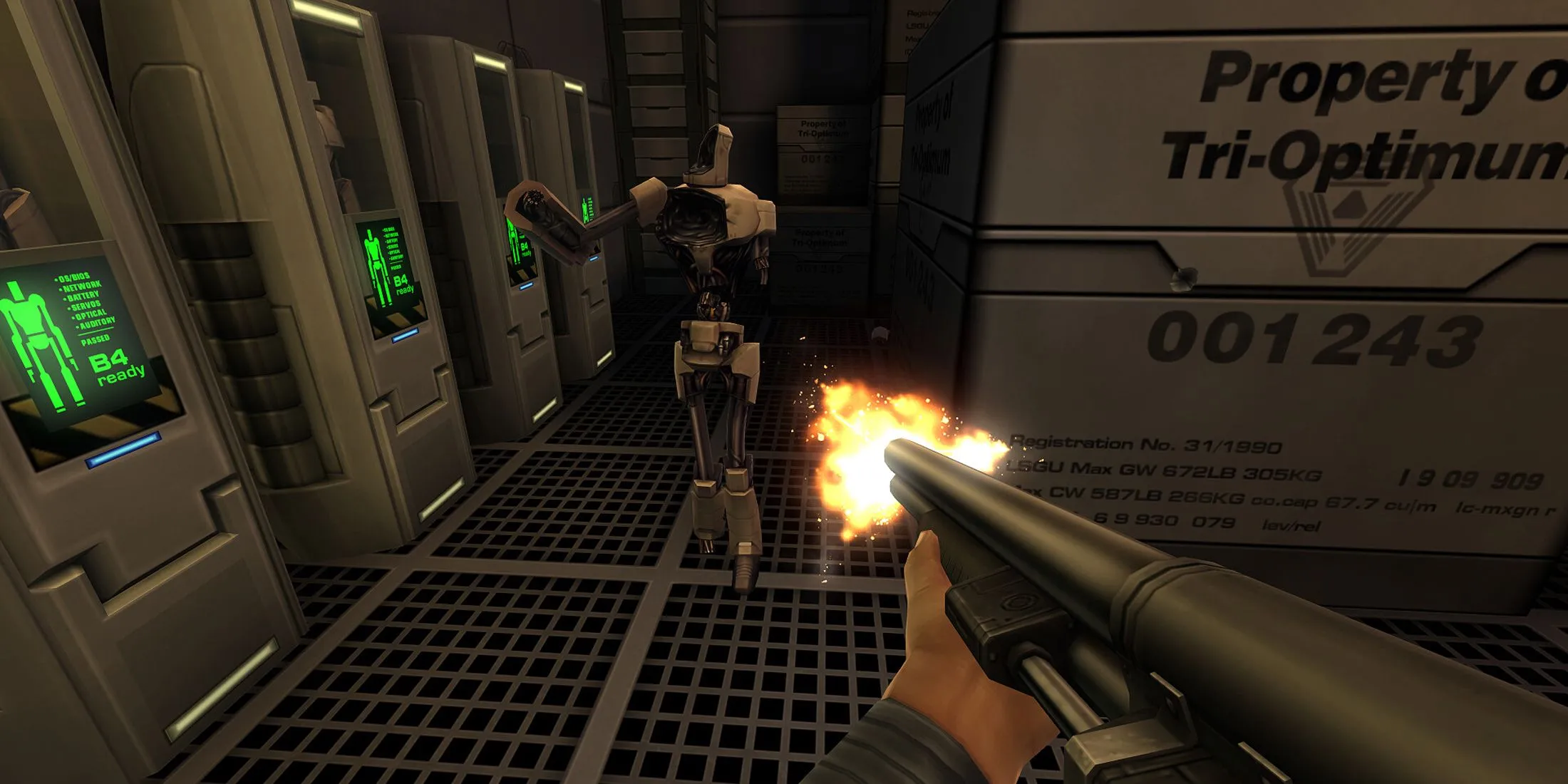 Người chơi cầm súng Shotgun trong System Shock 2 Remastered, thể hiện sự linh hoạt trong vũ khí và chiến đấu.