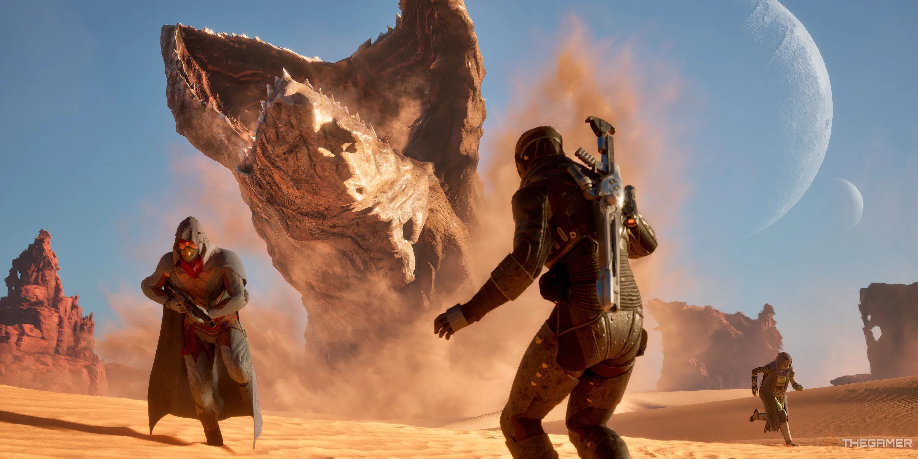 Người chơi đối mặt với Sandworm ở Deep Desert trong Dune: Awakening, hình ảnh quen thuộc của nhiệm vụ giải cứu Spice.