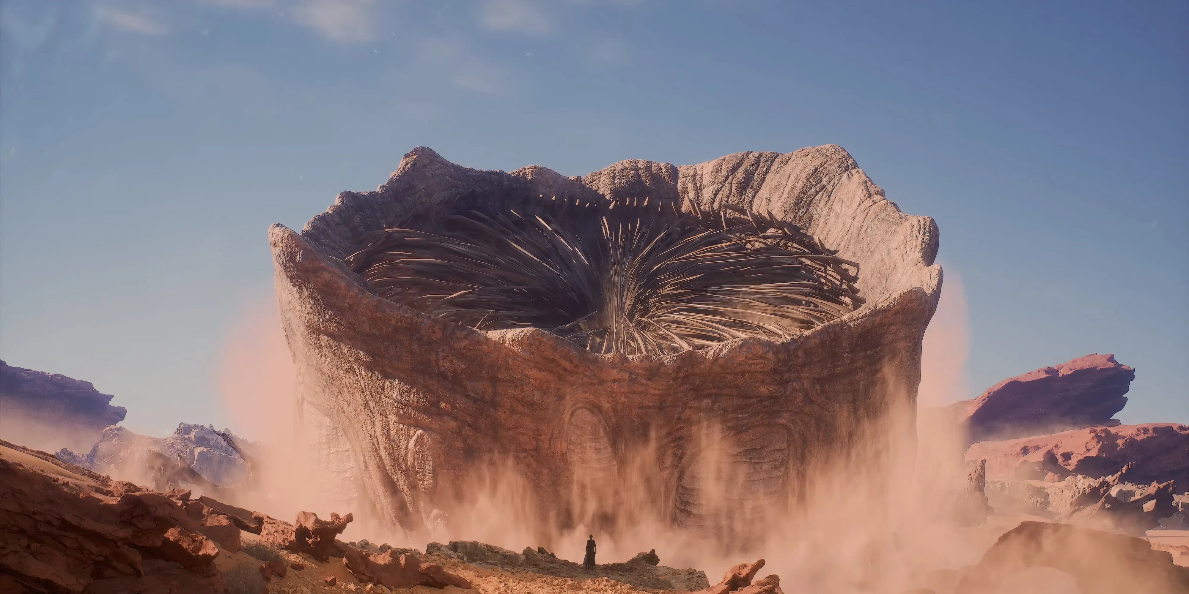 Người chơi đứng trước một Sandworm khổng lồ trong Dune: Awakening, mong muốn lớn nhất là khả năng cưỡi chúng.