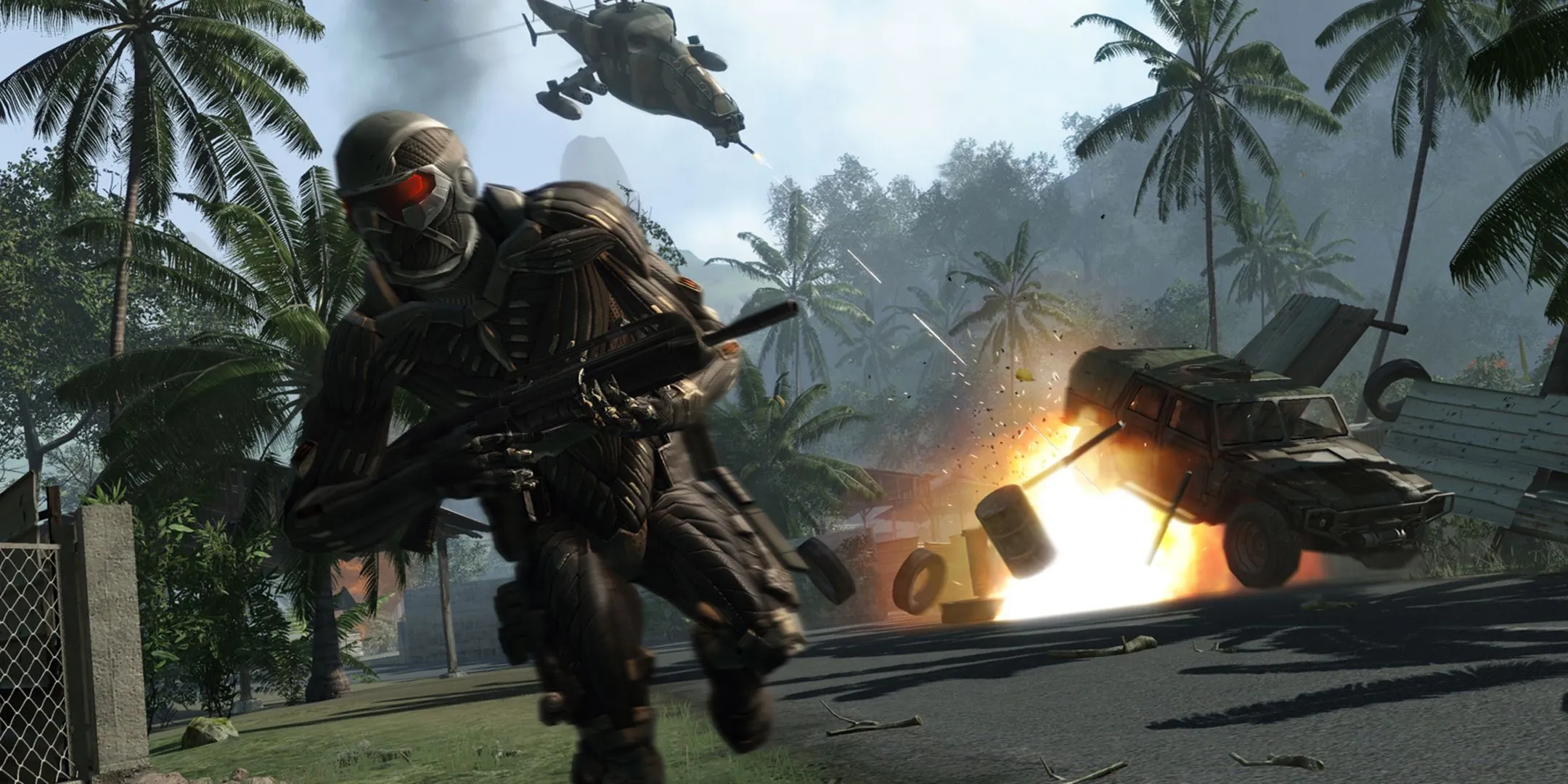 Người lính trong game Crysis đang chạy trốn khi trực thăng bắn vào xe jeep, thể hiện đồ họa game nặng