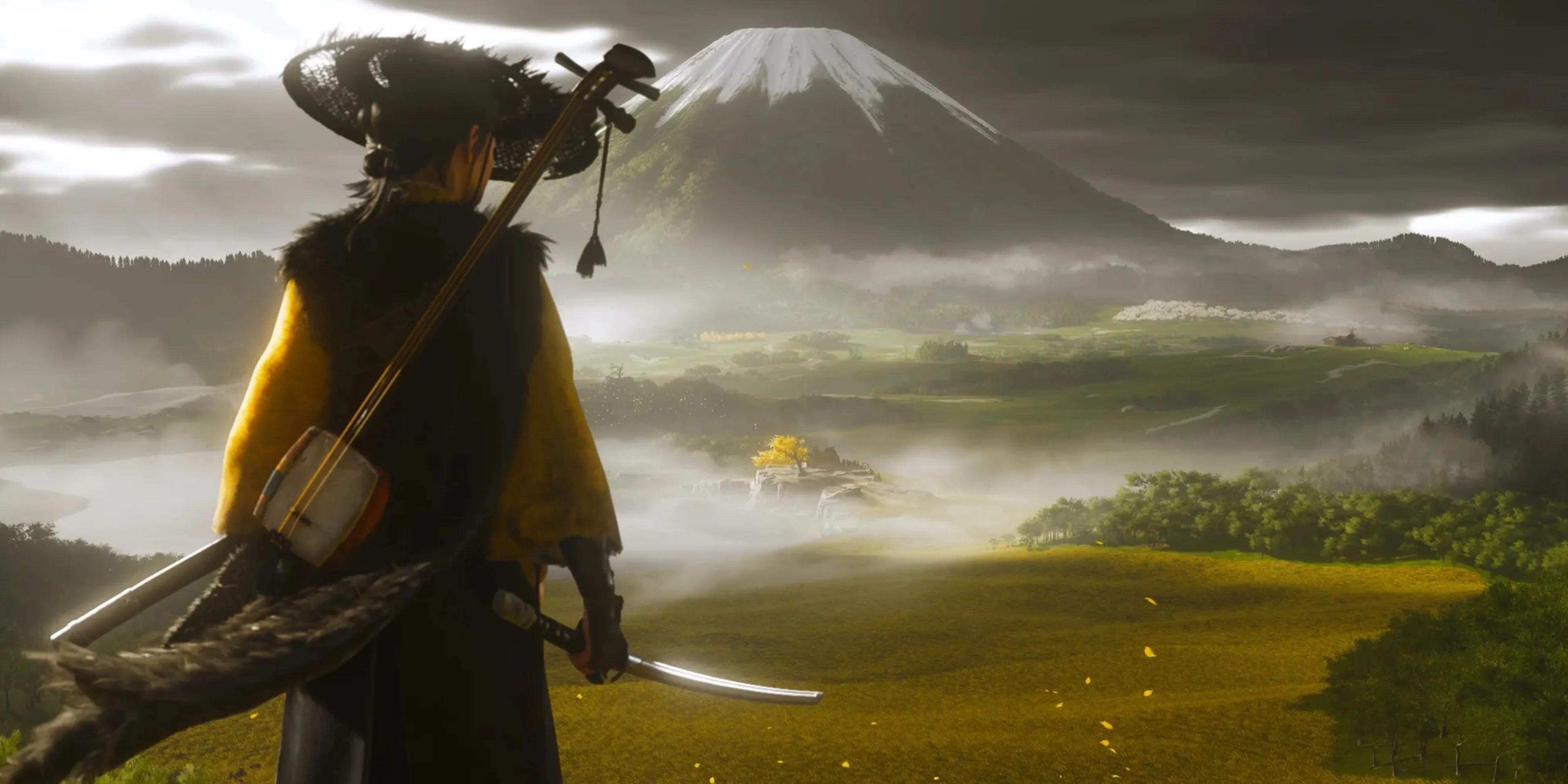Nhân vật Atsu trong Ghost of Yotei nhìn về phía núi Phú Sĩ, thể hiện không gian thế giới mở rộng lớn và kỳ vọng về trải nghiệm khám phá mới.