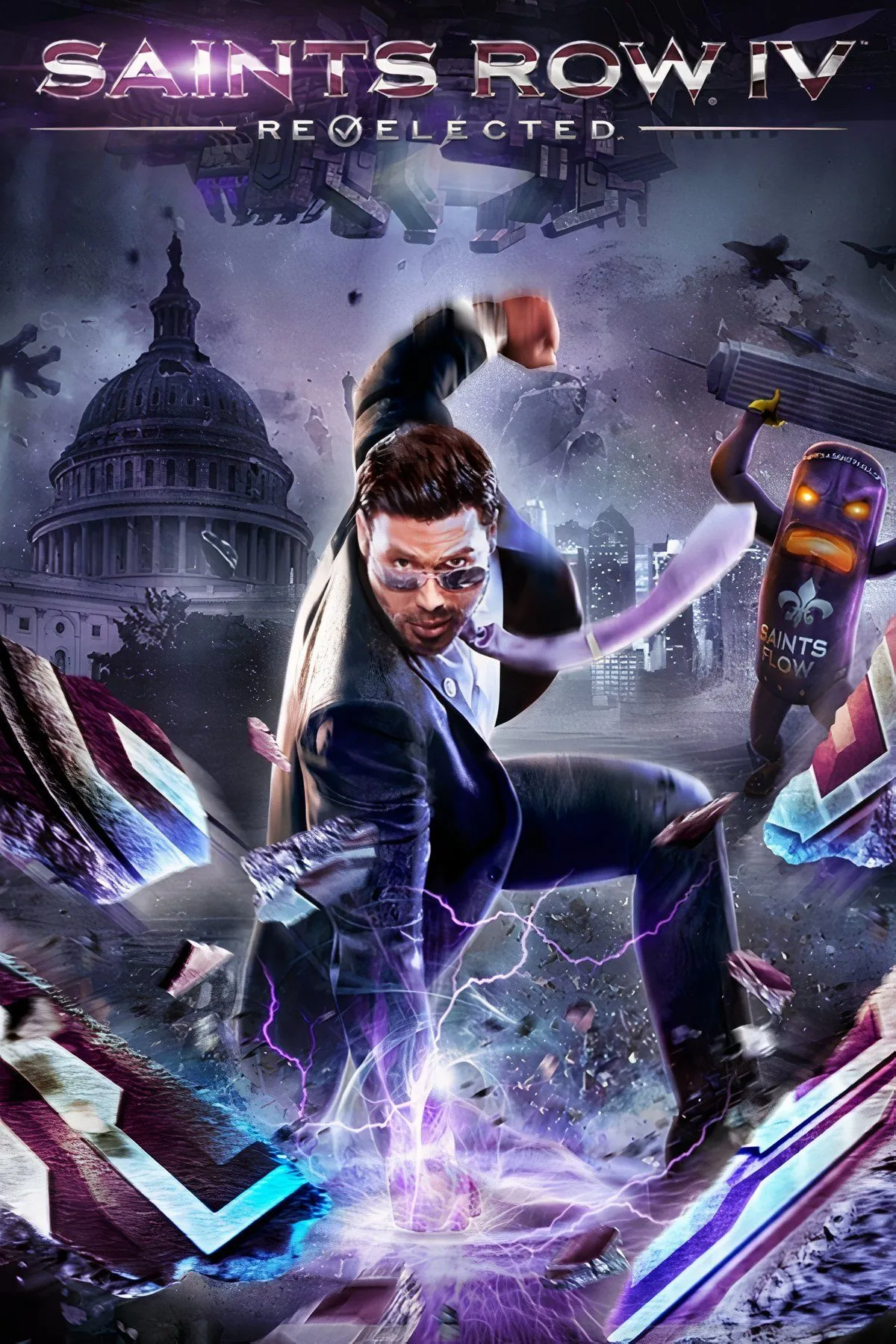 Nhân vật chính của Saints Row 4 với siêu năng lực bay lượn trên thành phố Steelport bị mô phỏng, thể hiện sự hỗn loạn và sức mạnh vượt giới hạn trong game.