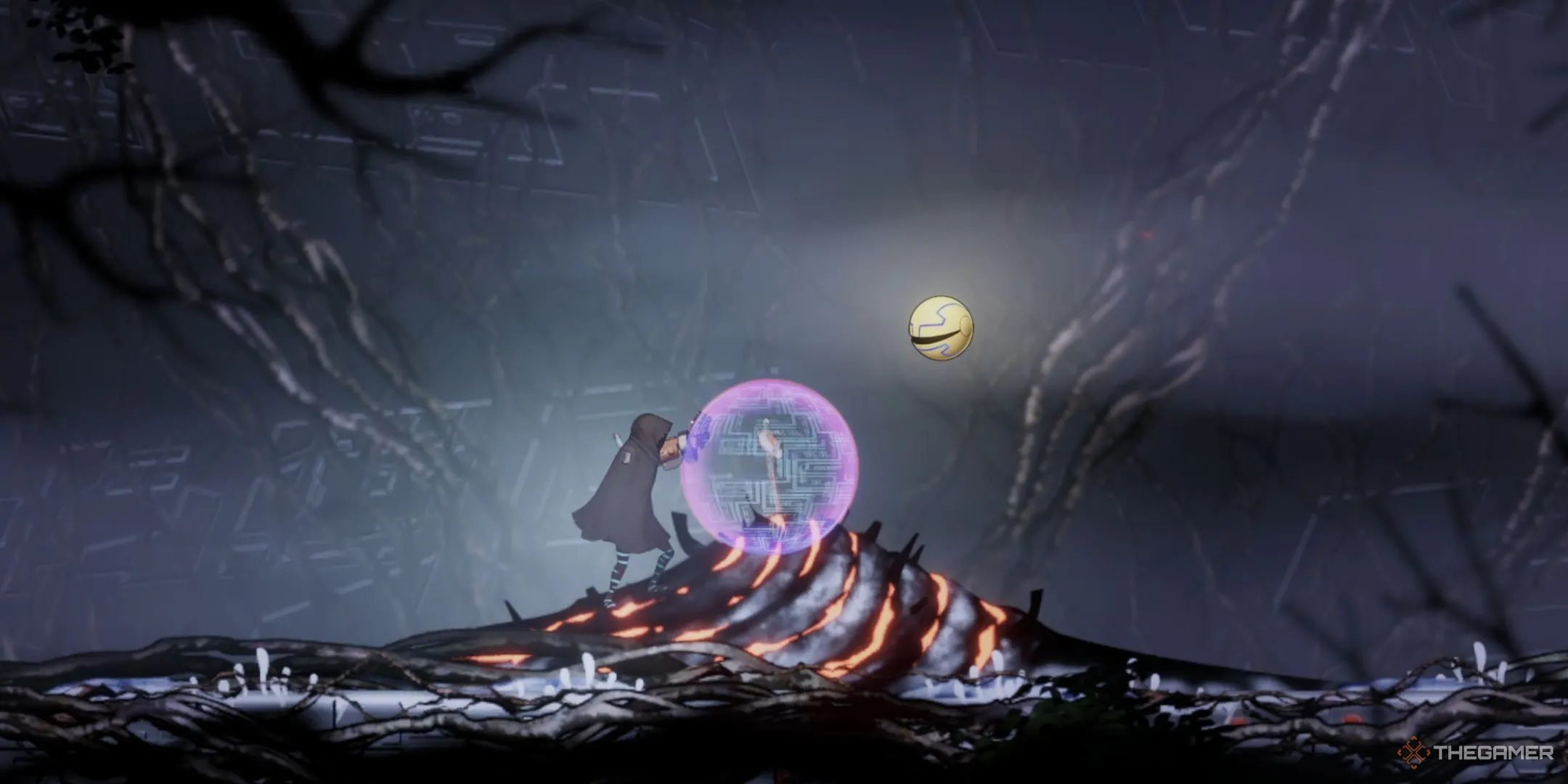 Nhân vật chính game Shadow Labyrinth chuẩn bị rút kiếm, thể hiện tinh thần chiến đấu mạnh mẽ.