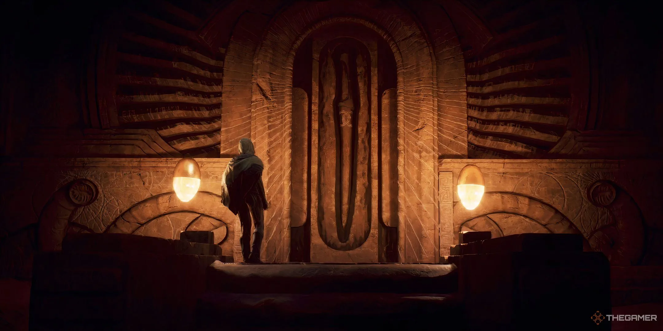 Nhân vật đứng trước bàn thờ Fremen trong Dune: Awakening, báo hiệu sự xuất hiện của Hội đồng Fremen.