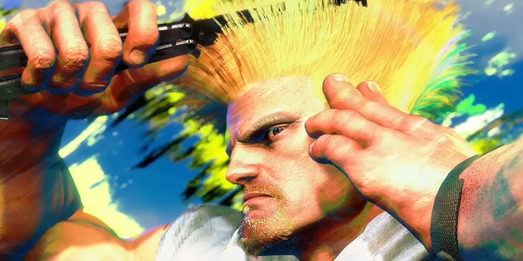 Nhân vật Guile đang chải tóc đầy phong cách trong Street Fighter 6, biểu tượng của dòng game đối kháng