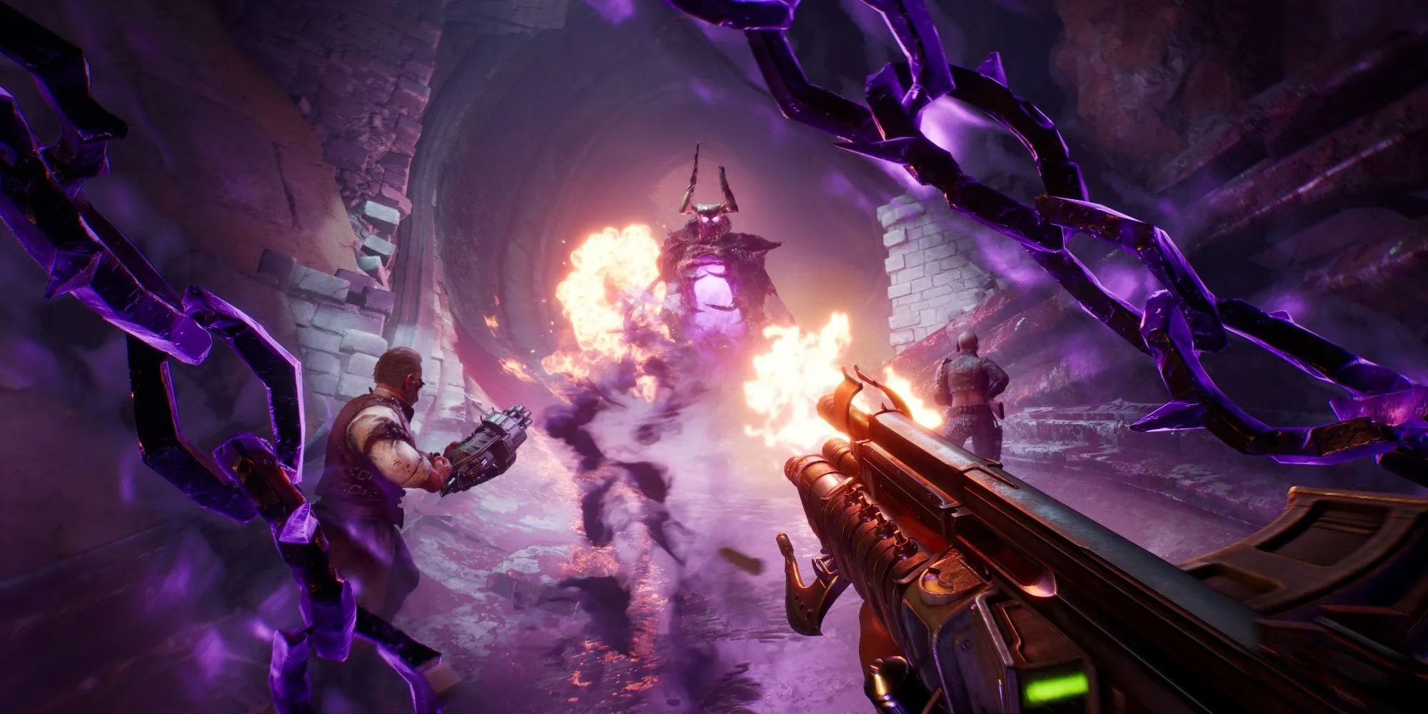 Nhân vật người chơi đối đầu với hiệp sĩ quỷ trong Painkiller reboot