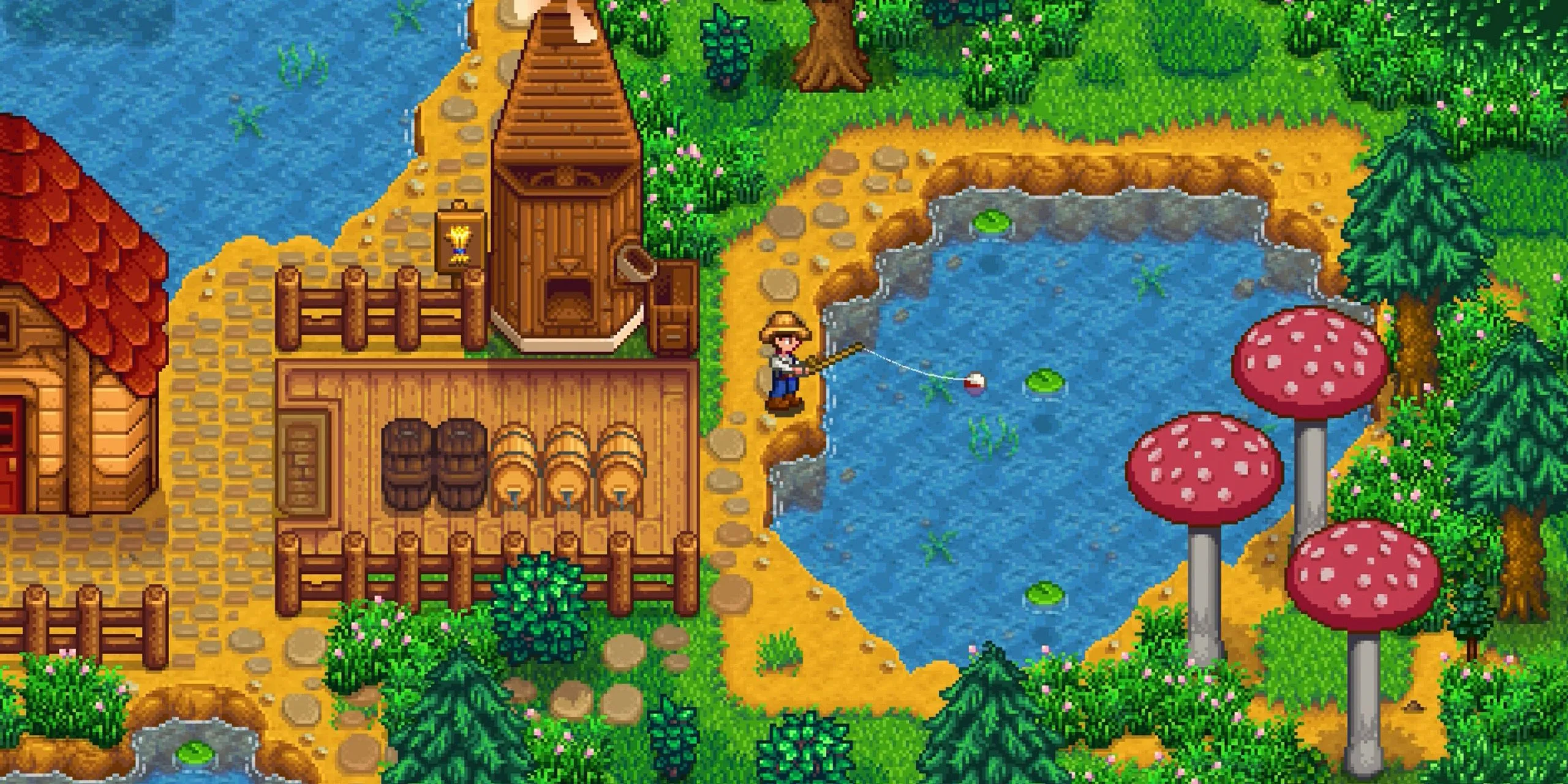 Nông dân câu cá trong thế giới game indie Stardew Valley.