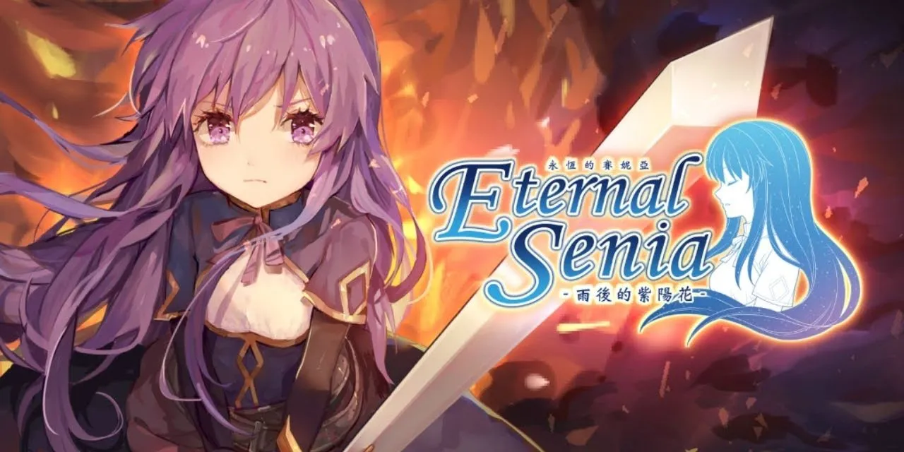 Nữ anh hùng Senia cầm kiếm, sẵn sàng chiến đấu giữa biển lửa trong Eternal Senia, thể hiện yếu tố RPG hành động.