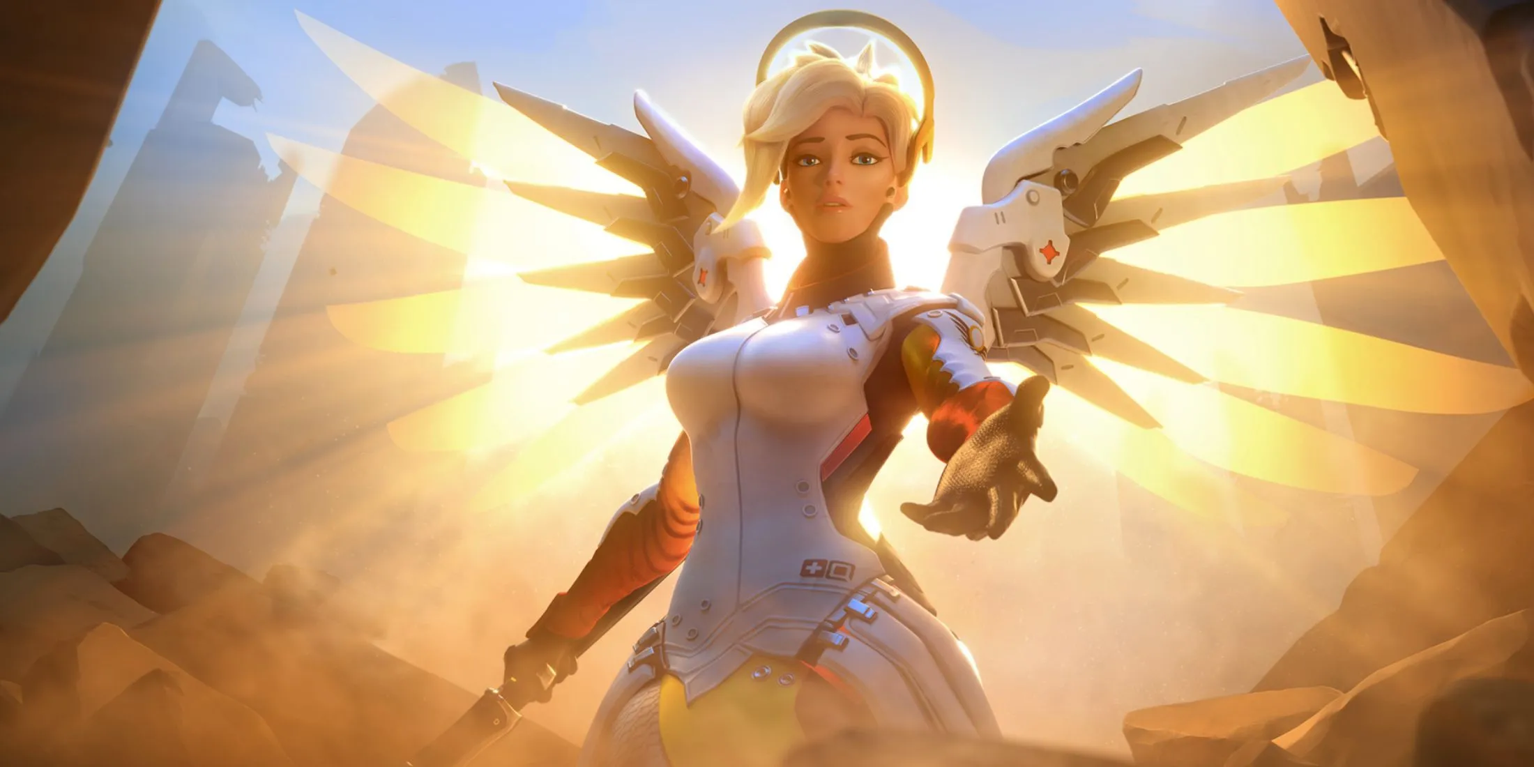 Nữ y tá Mercy trong Overwatch 2 đang sử dụng gậy Caduceus Staff để hồi máu.