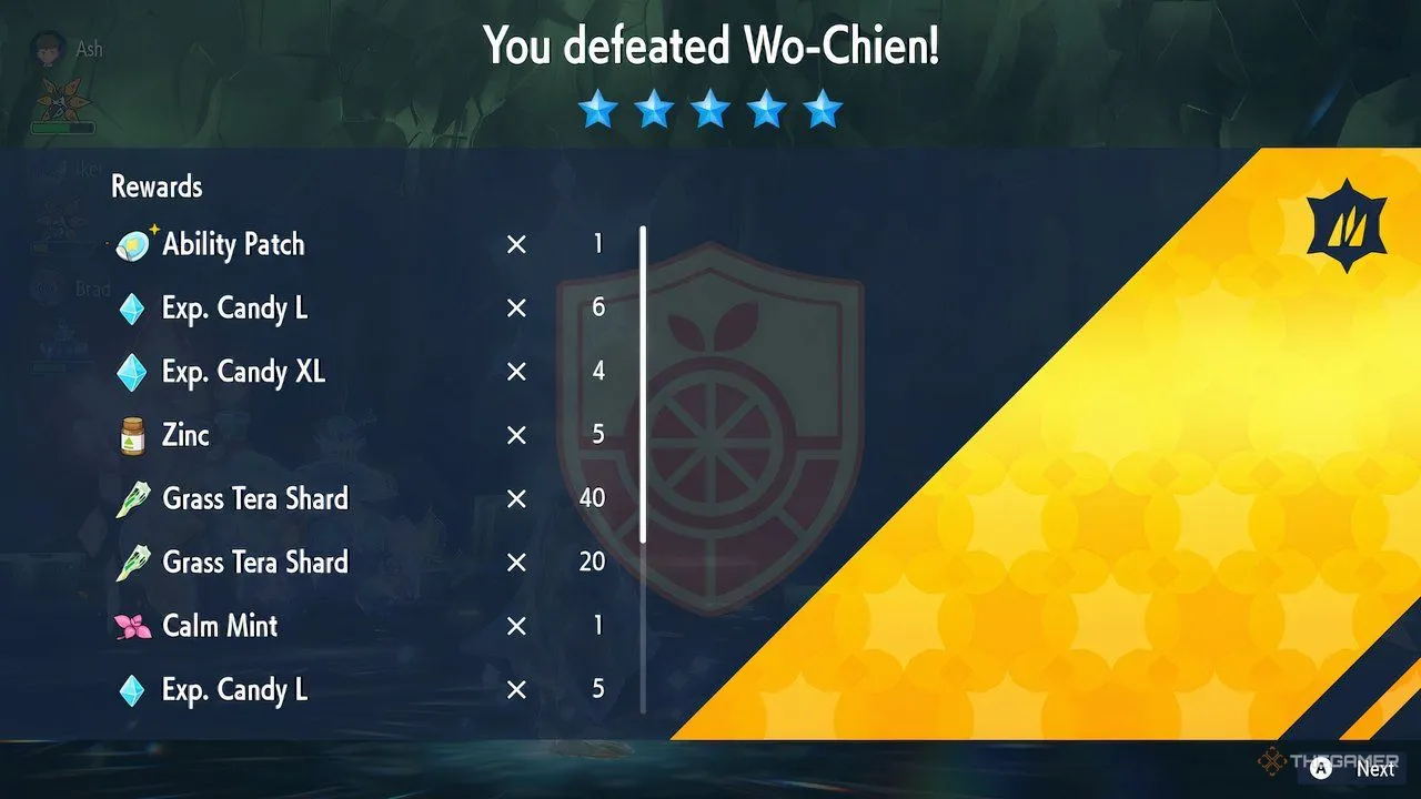 Phần thưởng Ability Patch nhận được sau khi đánh bại Shiny Wo-Chien trong Tera Raid Pokemon Scarlet và Violet.