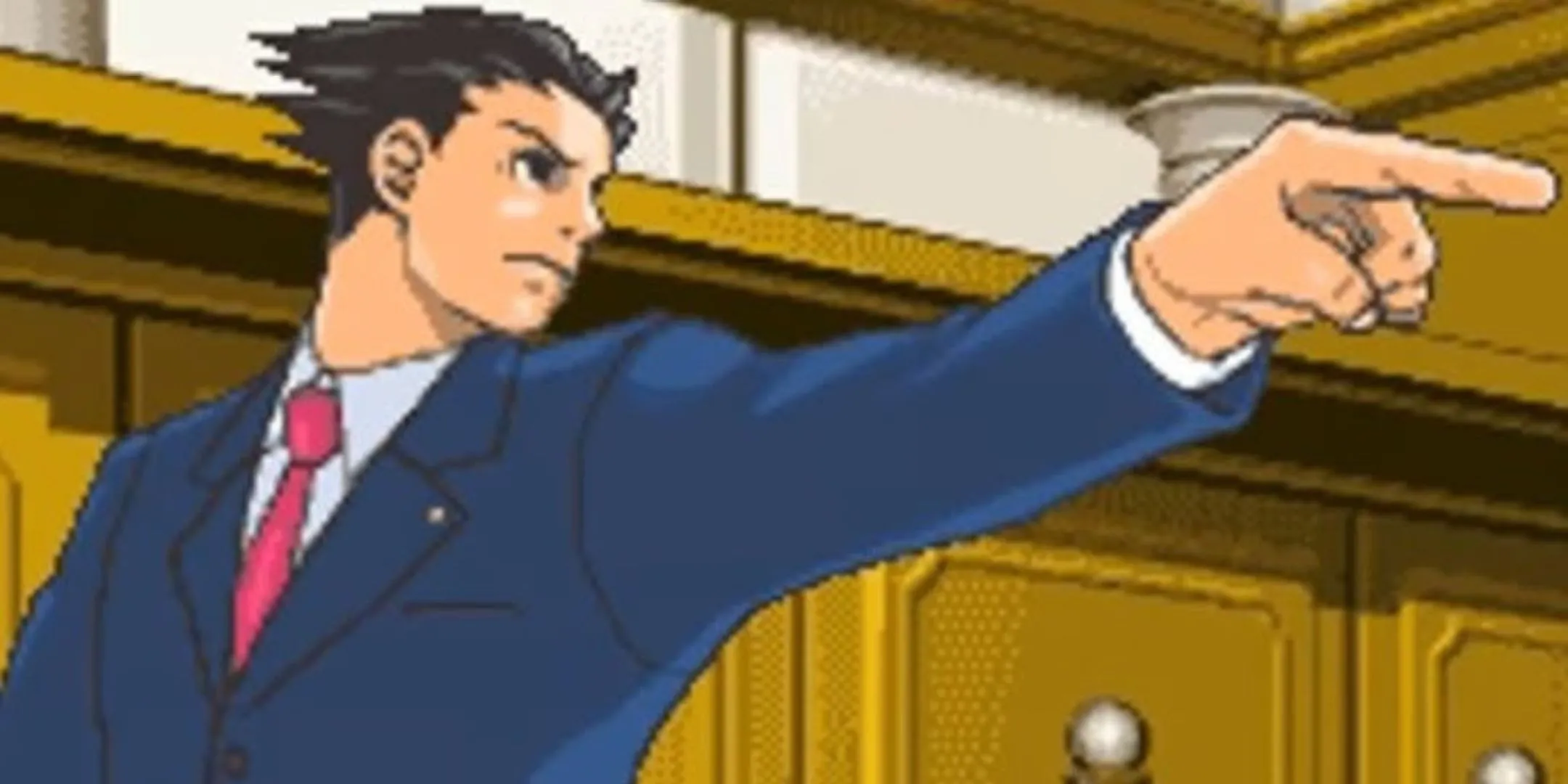 Phoenix Wright, nhân vật chính của series Ace Attorney, đang chỉ tay trên phiên bản Nintendo DS