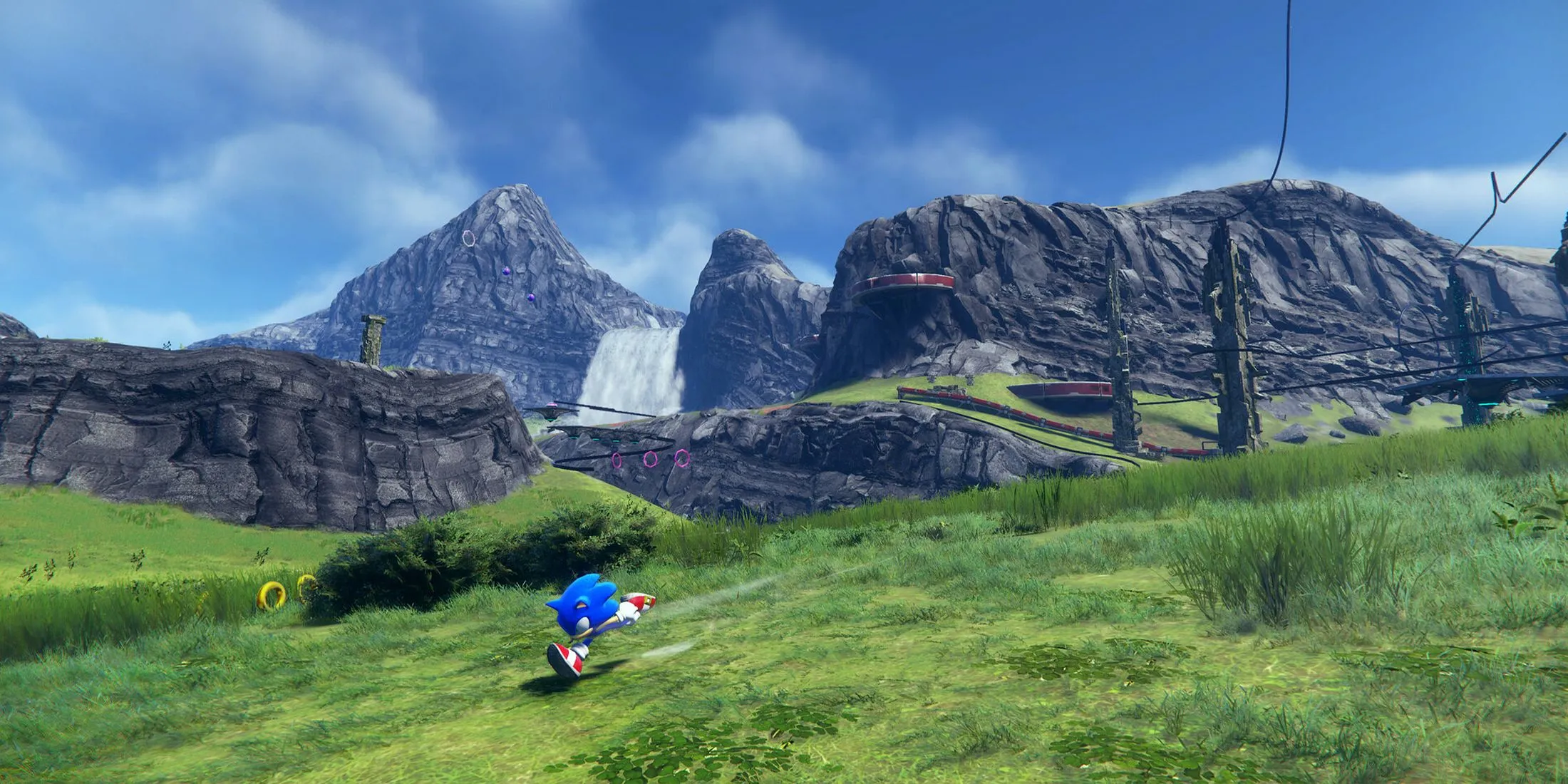 Sonic đang chạy qua cánh đồng rộng lớn trong thế giới mở của Sonic Frontiers