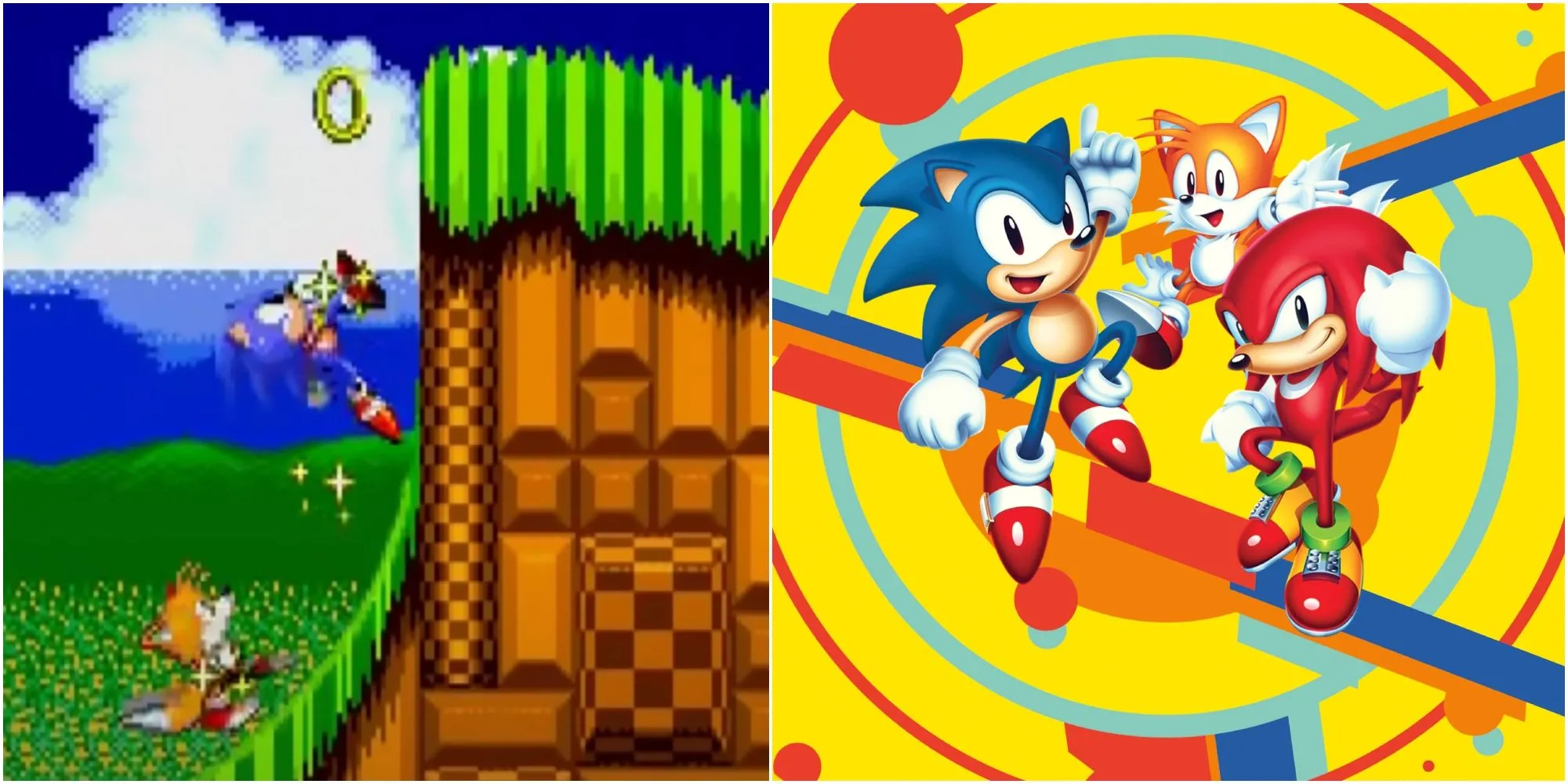 Sonic và Tails chạy trên đồi, cùng với hình ảnh Sonic, Tails, và Knuckles đang cổ vũ, thể hiện lối chơi co-op trong game Sonic