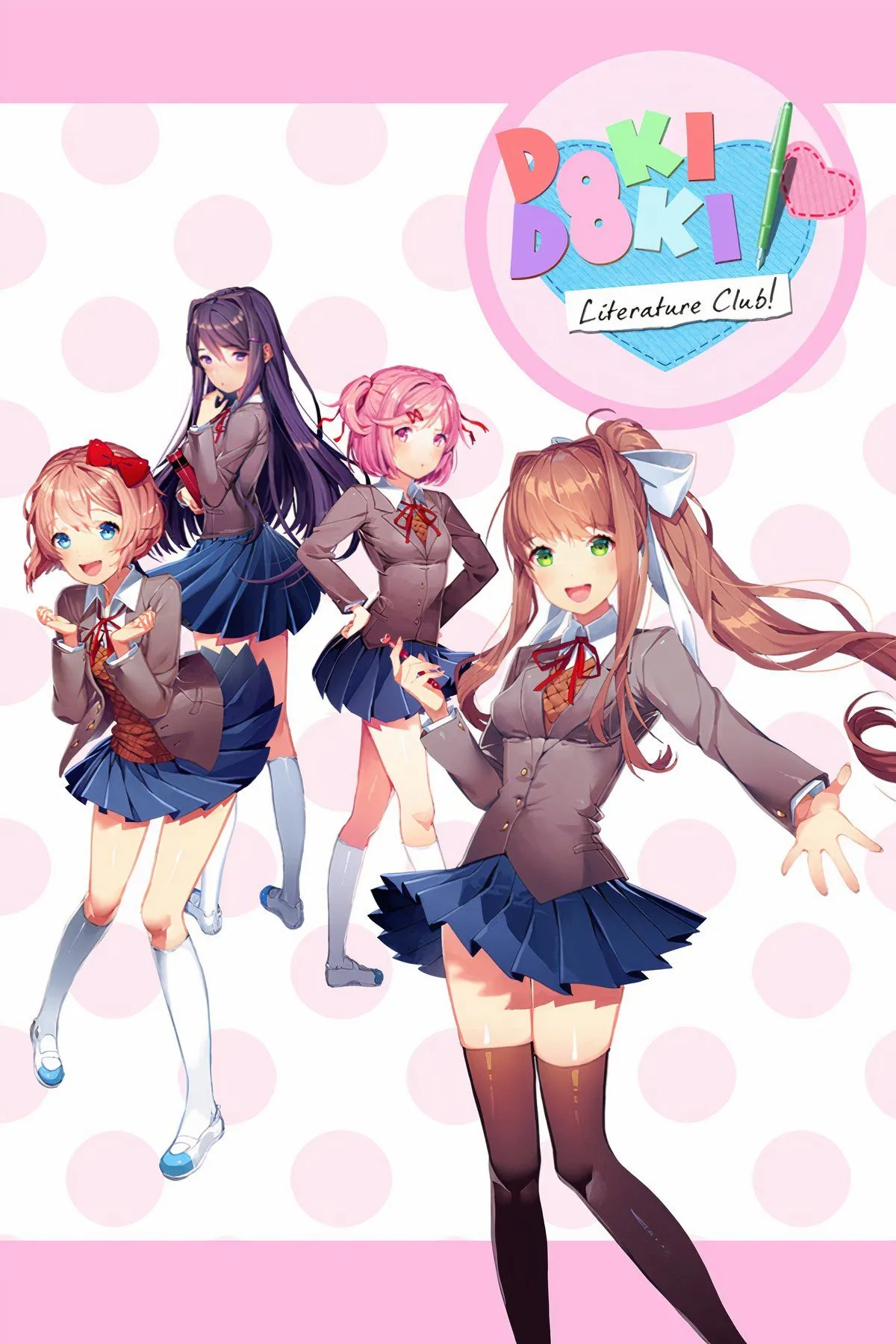 Tập hợp hình ảnh các nhân vật chính trong game Doki Doki Literature Club, thể hiện phong cách visual novel và yếu tố kinh dị.