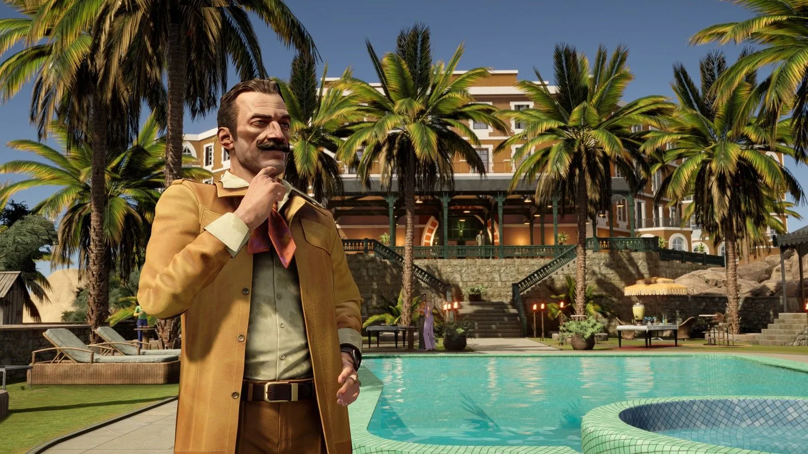 Thám tử Hercule Poirot trong game Agatha Christie Death on the Nile đứng cạnh hồ bơi, bối cảnh sang trọng trên du thuyền