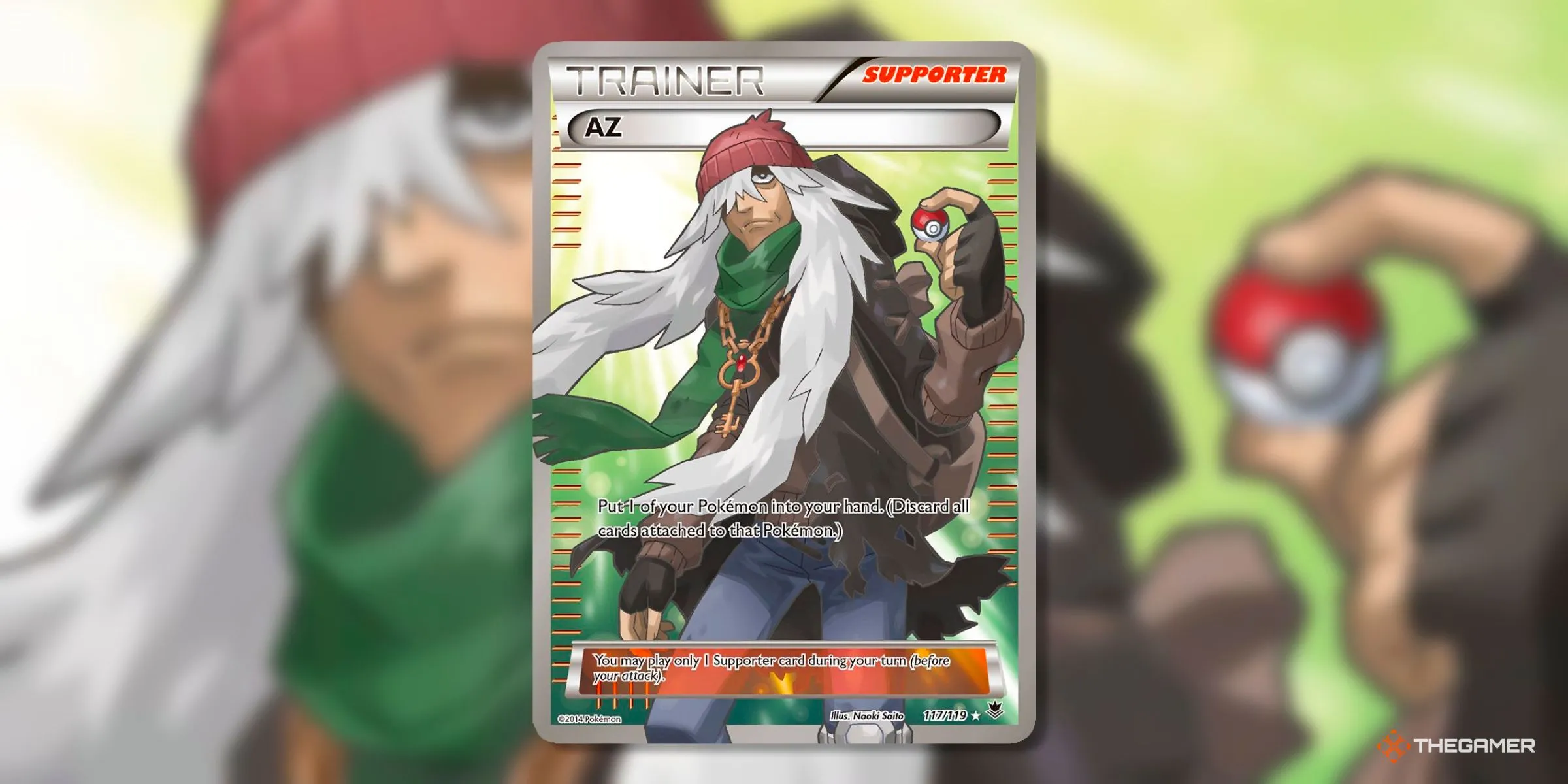 Thẻ bài AZ Ultra Rare (117) từ bộ Phantom Forces kỷ nguyên XY trong Pokemon TCG, thể hiện nhân vật huyền thoại của Kalos.