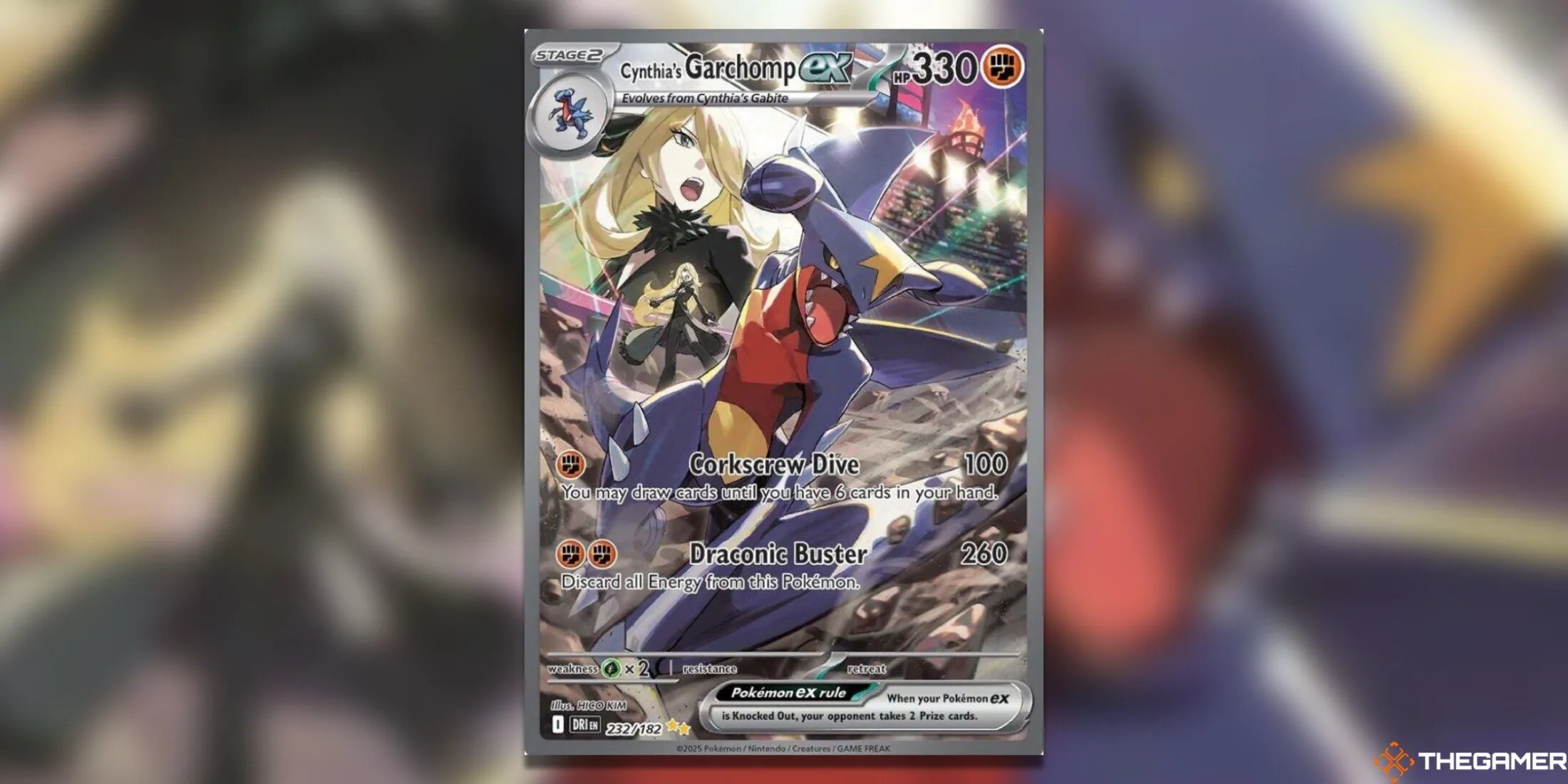 Thẻ bài Cynthia’s Garchomp ex Special Illustration Rare trong bộ Destined Rivals, mô tả cảnh Garchomp tấn công cùng Nhà Vô Địch Cynthia.