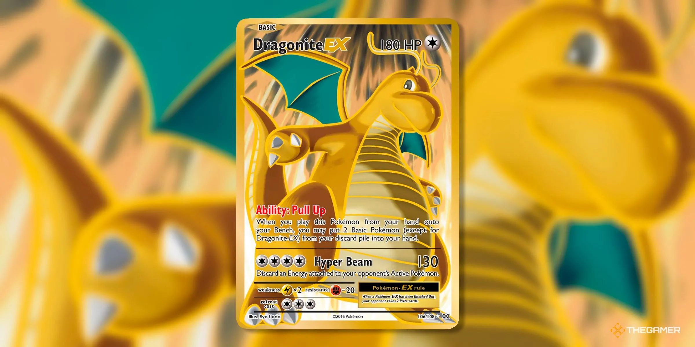 Thẻ bài Dragonite EX Full Art (106) từ bộ Evolutions kỷ nguyên XY của Pokemon TCG, một trong những Pokemon Rồng được yêu thích.