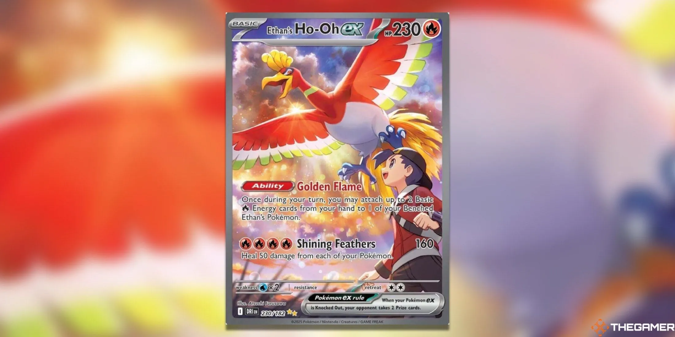 Thẻ bài Ethan’s Ho-Oh ex Special Illustration Rare từ bộ Destined Rivals, với hình ảnh Ho-Oh bay lượn trên bầu trời rực nắng.