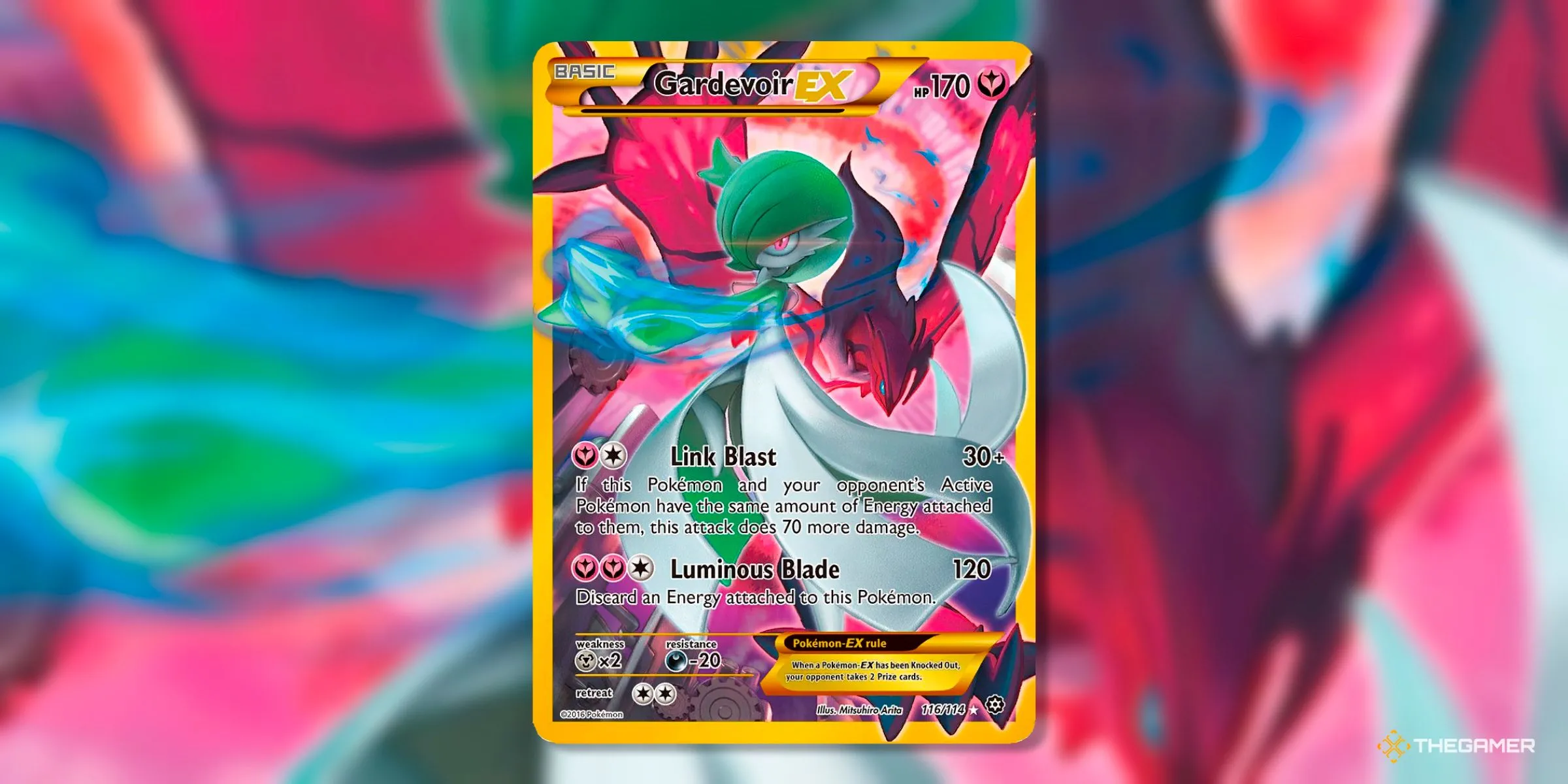 Thẻ bài Gardevoir EX Secret Rare (116) từ bộ Steam Siege kỷ nguyên XY trong Pokemon TCG, với phong cách nghệ thuật độc đáo của Mitsuhiro Arita.