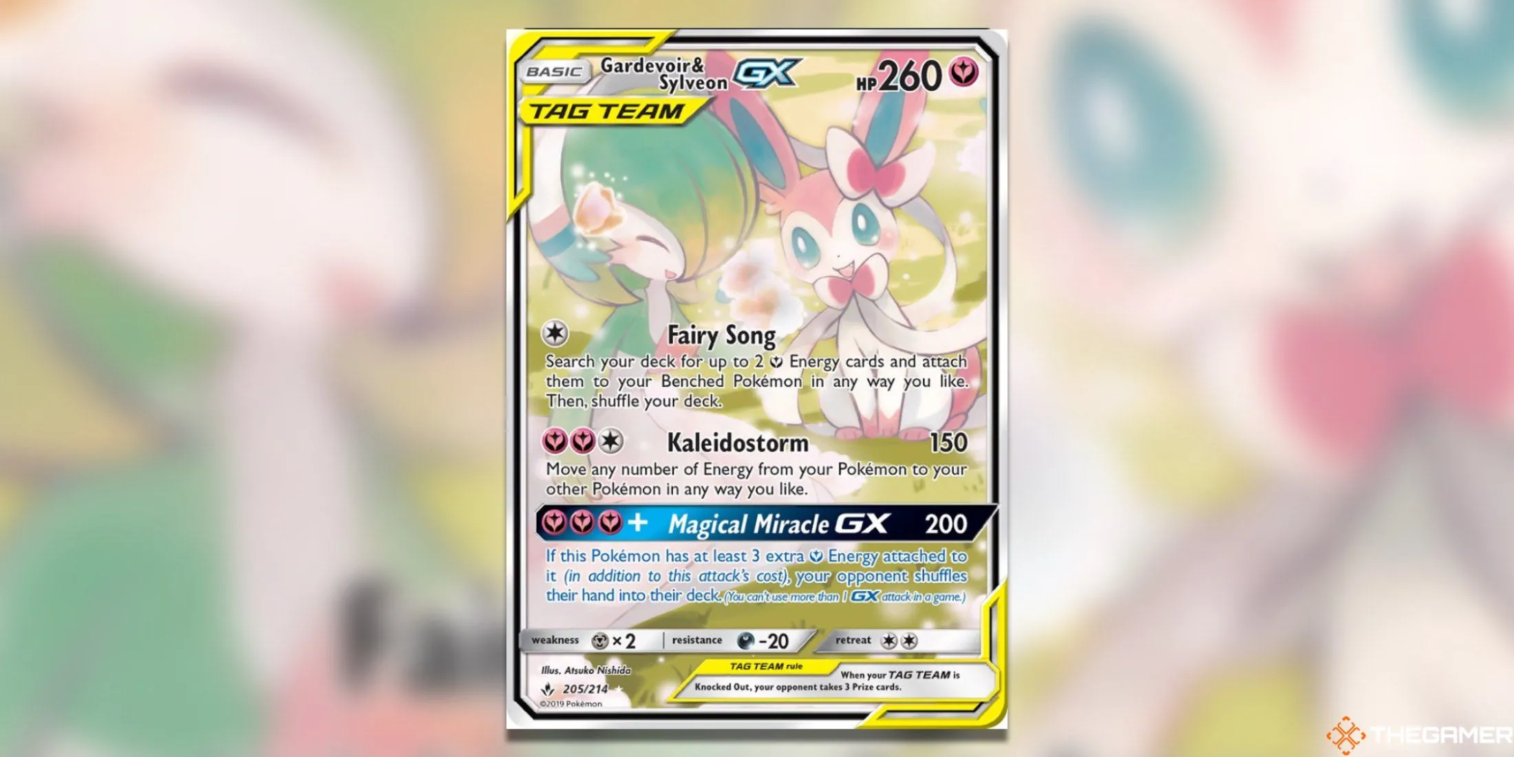 Thẻ bài Gardevoir &amp; Sylveon GX Alternate Full Art từ bộ Unbroken Bonds, minh họa tuyệt đẹp cho cặp đôi Pokemon này.