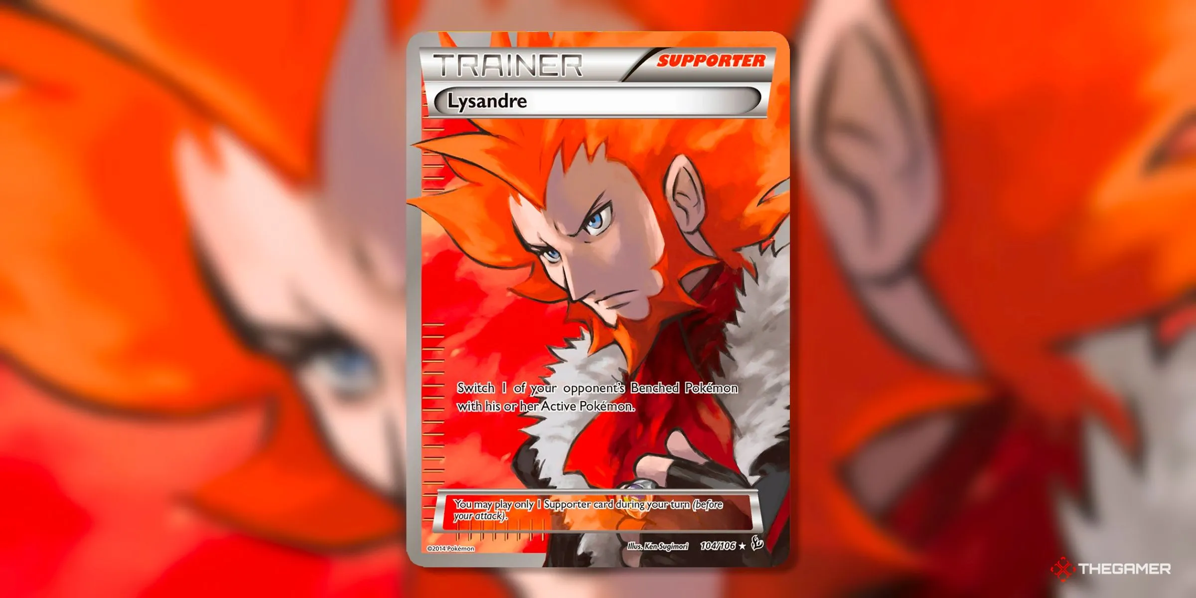 Thẻ bài Lysandre Ultra Rare (104) từ bộ Flash Fire kỷ nguyên XY trong Pokemon TCG, tiền thân của Boss's Orders đình đám.