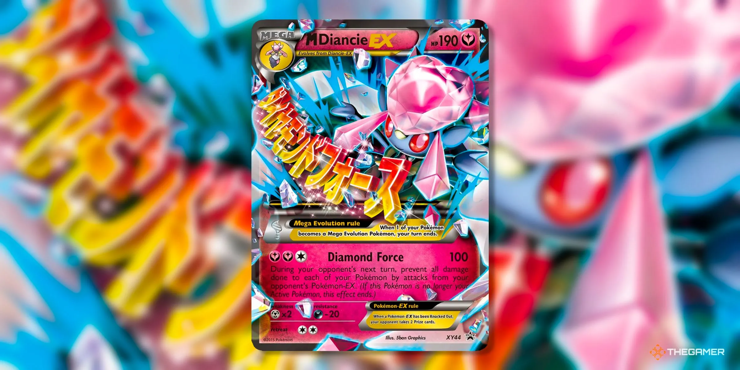 Thẻ bài M Diancie EX Promo (44) từ kỷ nguyên XY của Pokemon TCG, một Pokemon Thần Thoại duy nhất của Gen 6 có Mega Evolution.