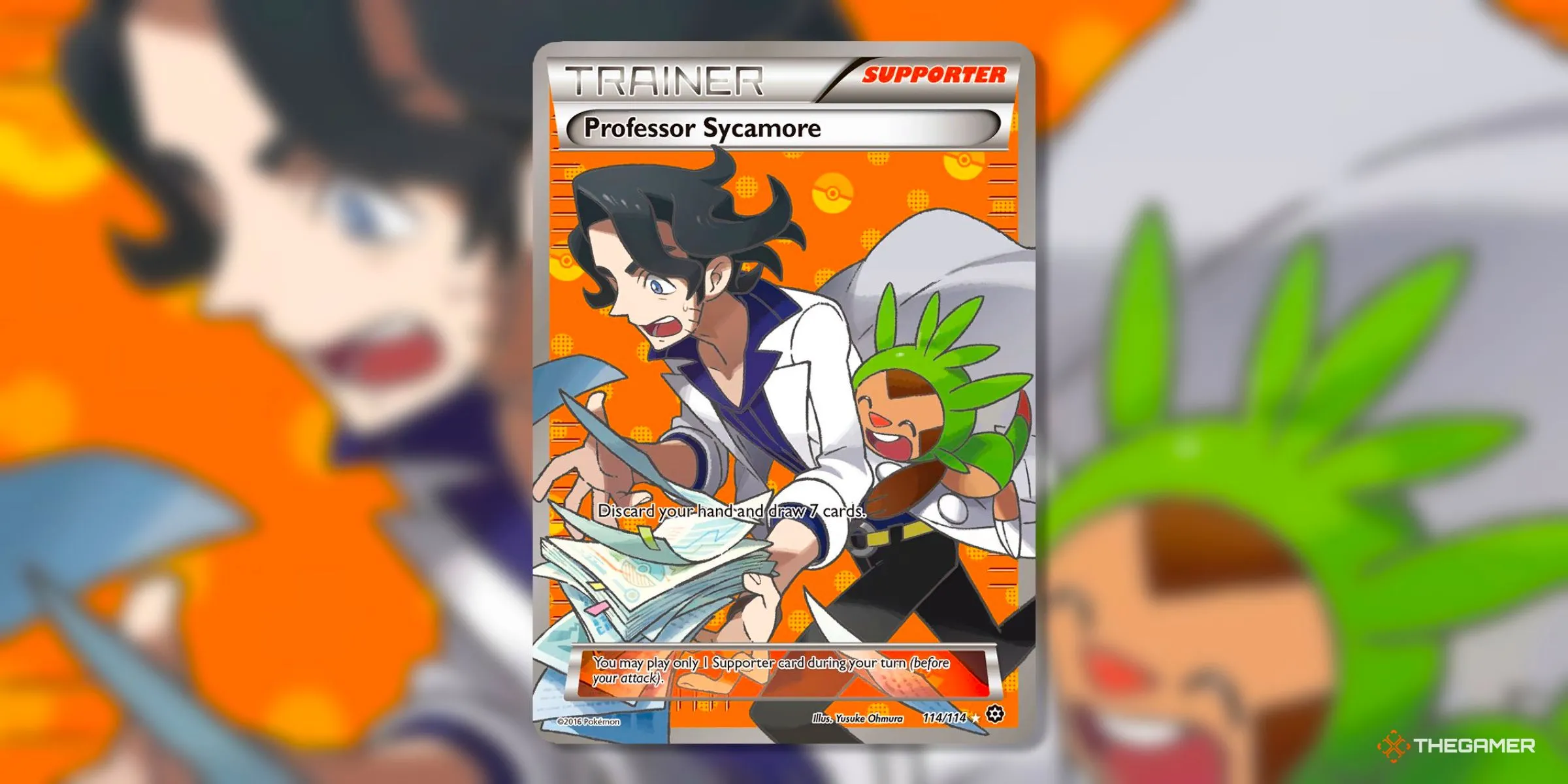 Thẻ bài Professor Sycamore Ultra Rare (114) từ bộ Steam Siege kỷ nguyên XY của Pokemon TCG, một trong những lá hỗ trợ giá trị.