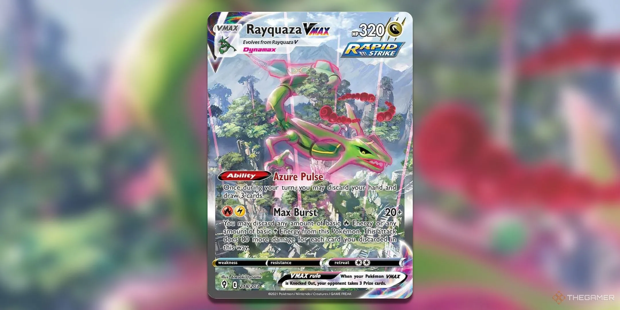 Thẻ bài Rayquaza VMAX Alternate Art Secret từ bộ Evolving Skies, một trong những thẻ bài Pokemon TCG Hoenn được săn đón nhất.