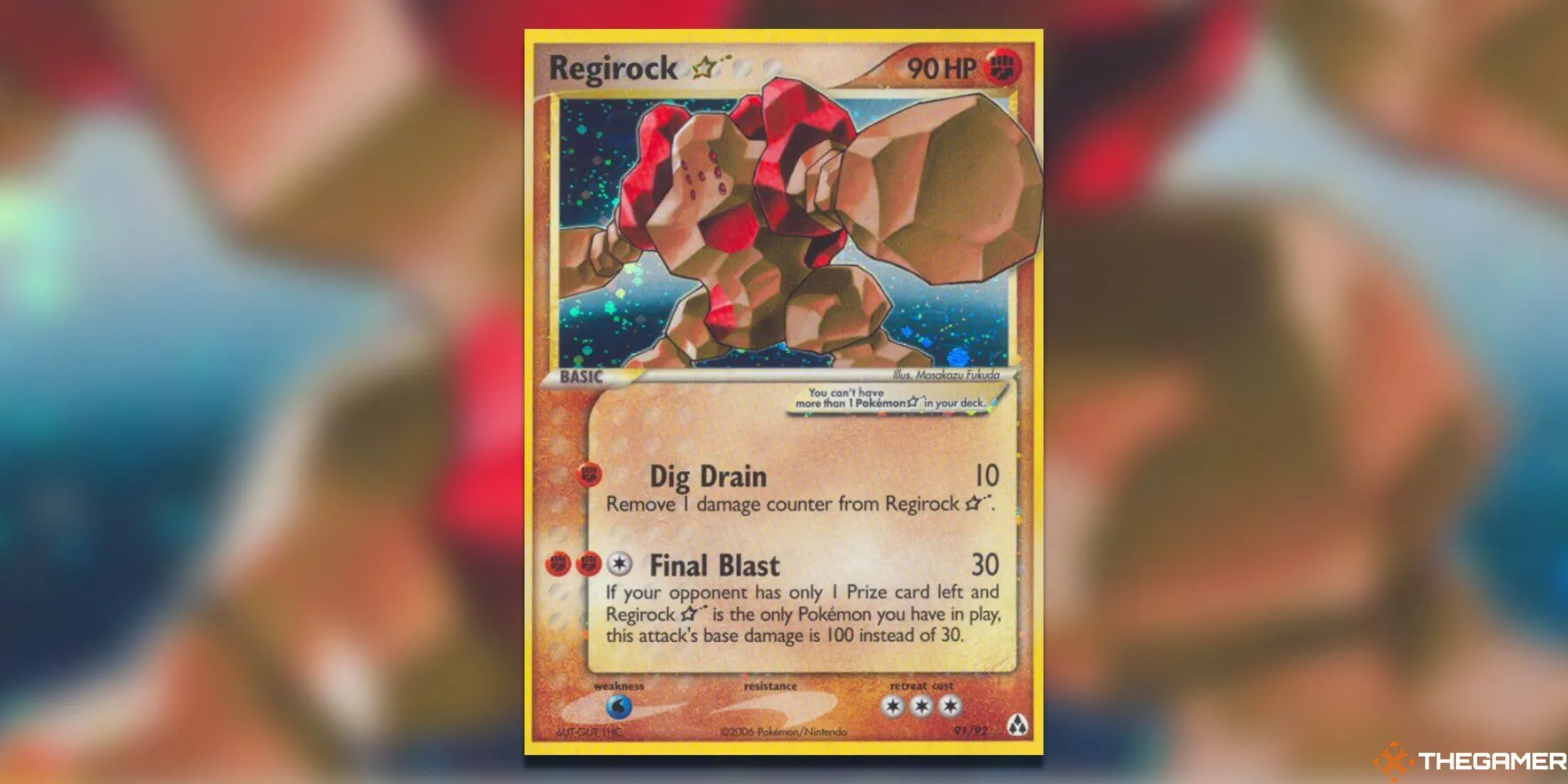 Thẻ bài Regirock Star Ultra Rare từ bộ Legend Maker, thể hiện Regirock trong tư thế mạnh mẽ, là một trong những Gold Star hiếm.