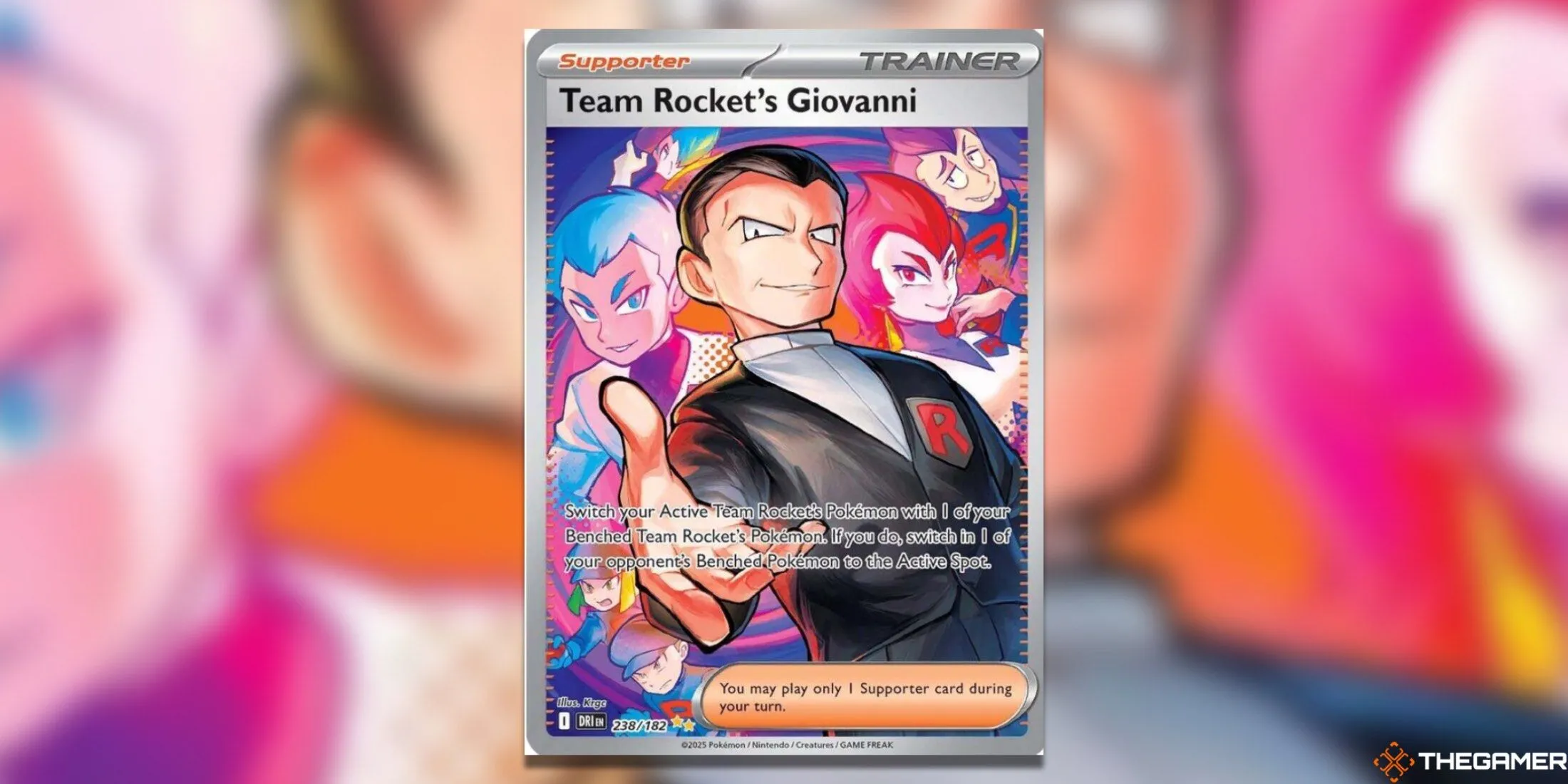 Thẻ bài Team Rocket’s Giovanni Special Illustration Rare trong bộ Destined Rivals với Giovanni, Archer và Ariana của Team Rocket.