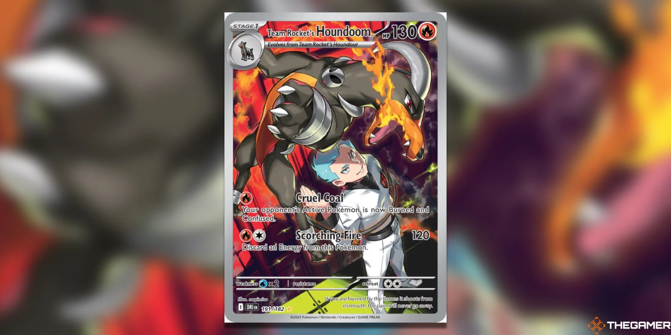 Thẻ bài Team Rocket’s Houndoom Illustration Rare từ bộ Pokémon TCG Destined Rivals với hình ảnh Houndoom và Archer của Team Rocket.