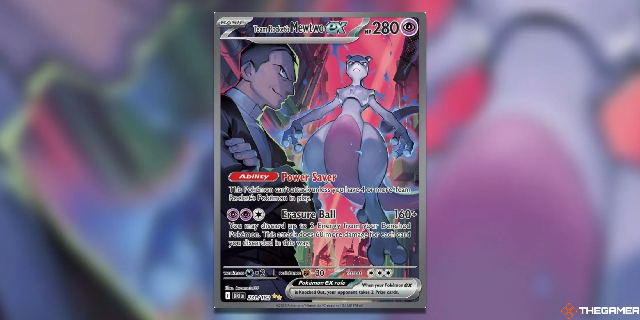 Thẻ bài Team Rocket’s Mewtwo ex Special Illustration Rare trong bộ Destined Rivals, kết hợp Mewtwo và Giovanni trên nền đỏ ấn tượng.