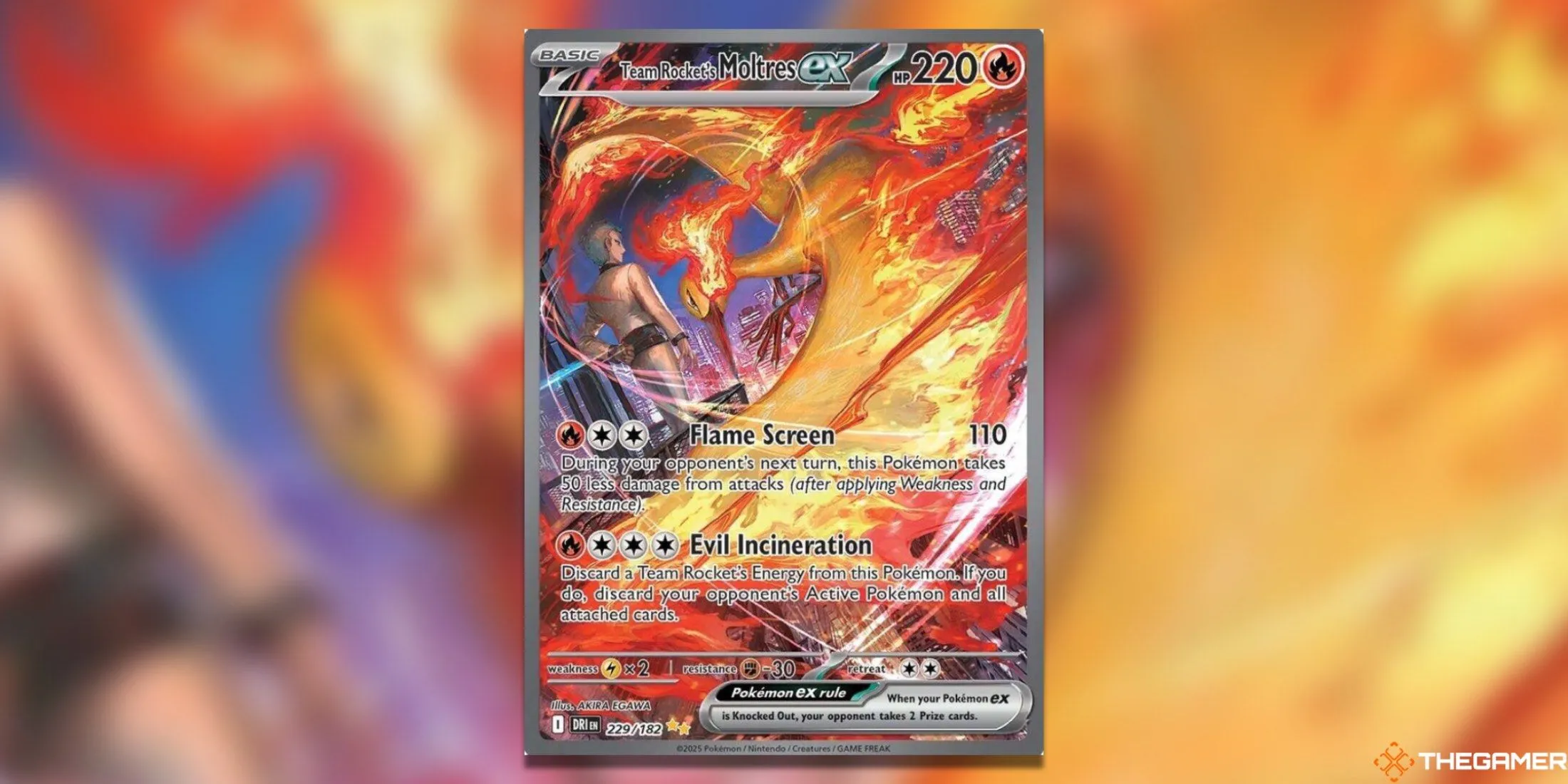 Thẻ bài Team Rocket’s Moltres ex Special Illustration Rare trong bộ Destined Rivals, thể hiện Moltres mạnh mẽ trong đêm tối.