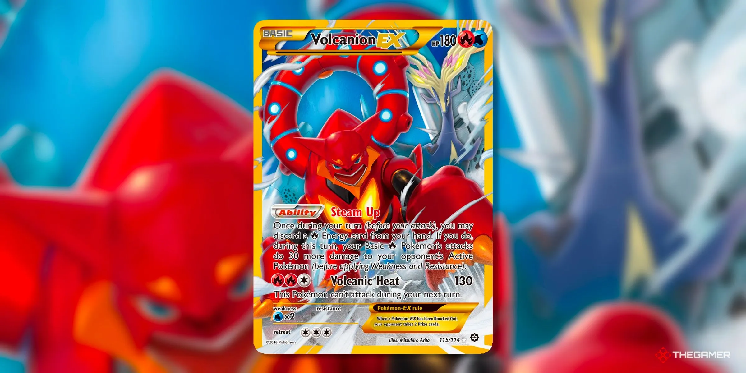 Thẻ bài Volcanion EX Secret Rare (115) từ bộ Steam Siege kỷ nguyên XY của Pokemon TCG, một trong những Pokemon Thần Thoại ít được khám phá.