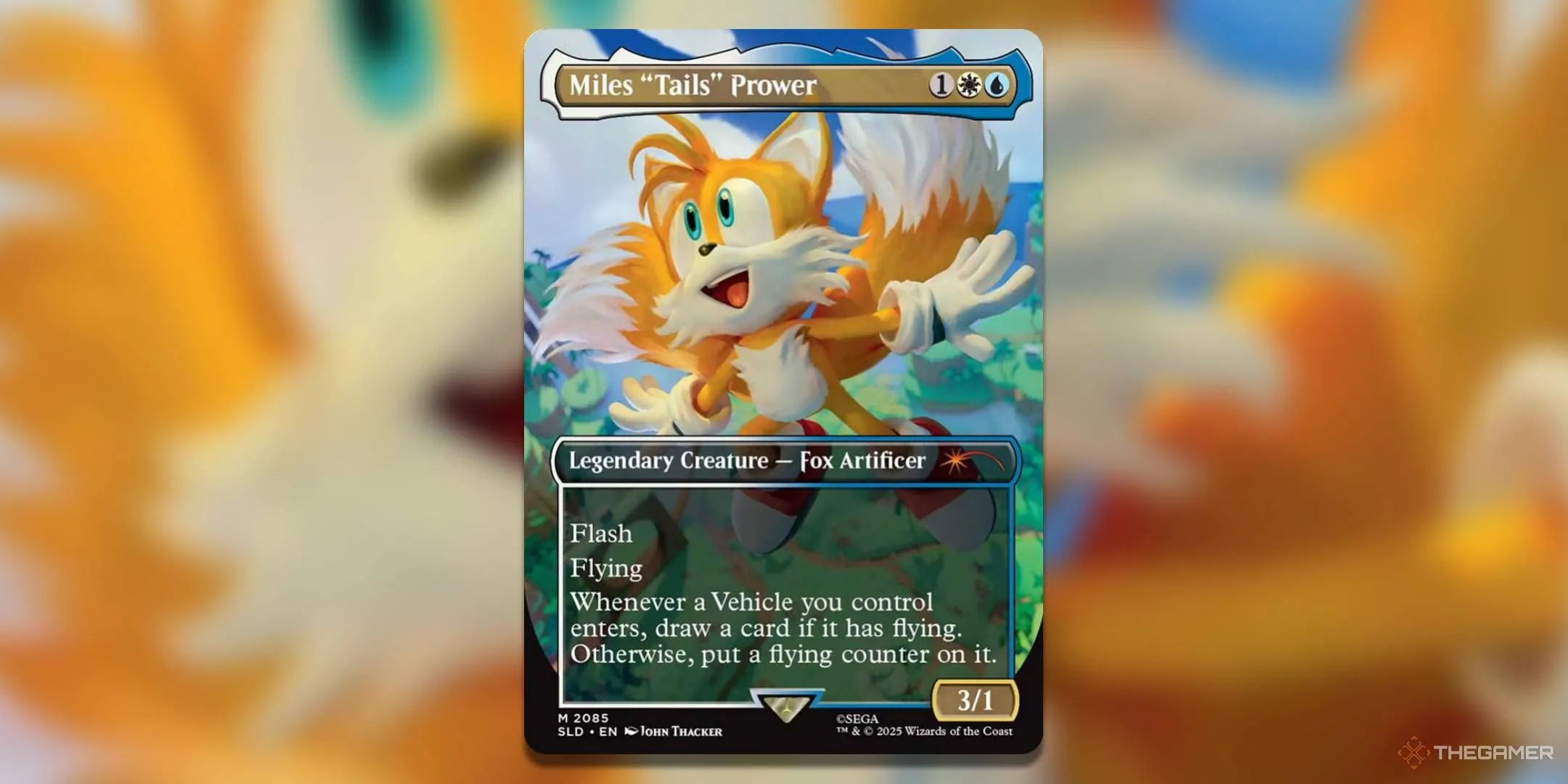Thẻ Miles &quot;Tails&quot; Prower với hình ảnh Tails bay lượn trên nền cỏ xanh nước biếc