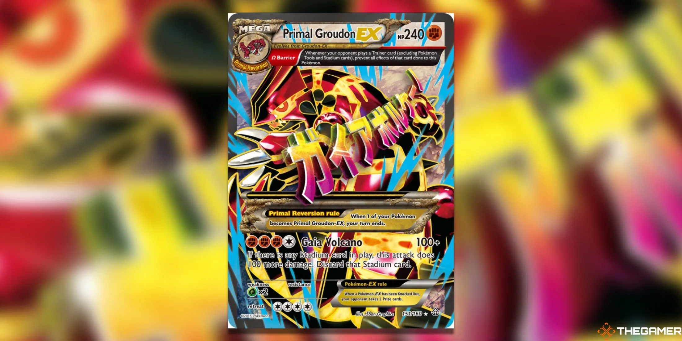 Thẻ Primal Groudon EX Omega Full Art cực hiếm từ Primal Clash, thể hiện uy lực mặt đất.