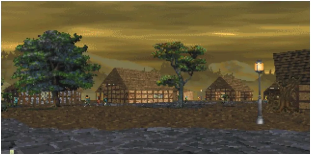 Thị trấn trong game The Elder Scrolls II Daggerfall lúc hoàng hôn, biểu tượng của sự nghiệp Julian LeFay
