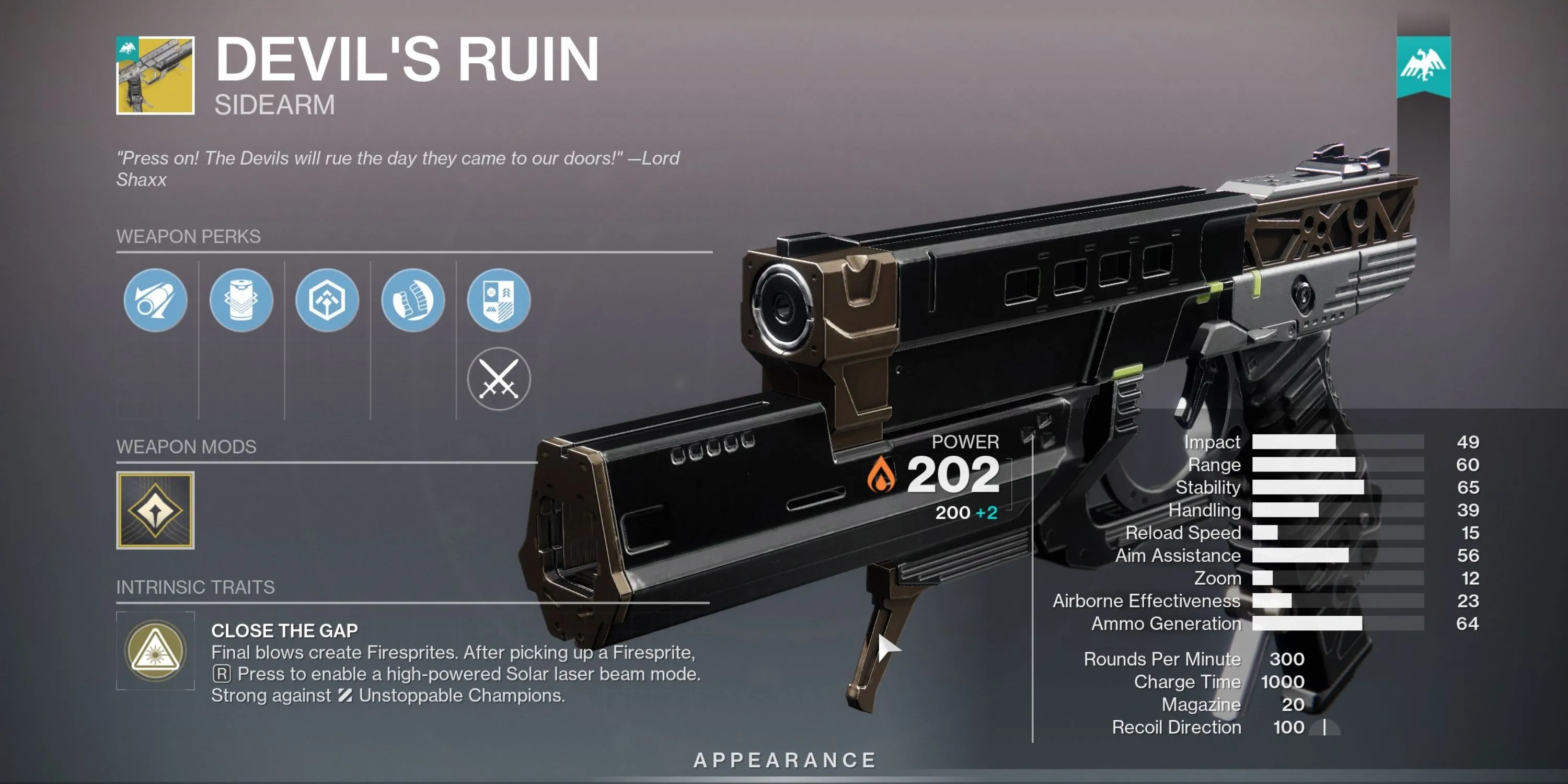Thông số chi tiết và perks của Sidearm Exotic Devil's Ruin trong Destiny 2