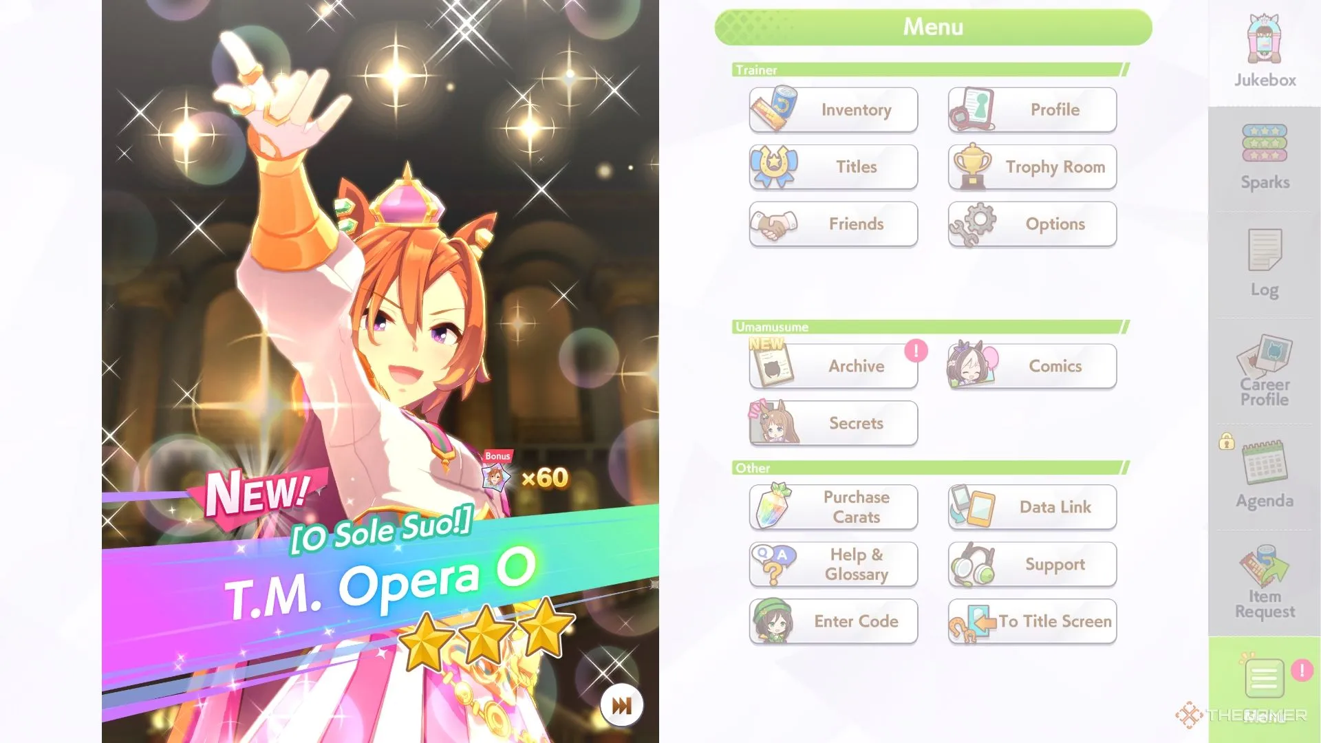 TM Opera O trong banner triệu hồi Umamusume Pretty Derby, thể hiện sự tự tin và quyết tâm thi đấu.