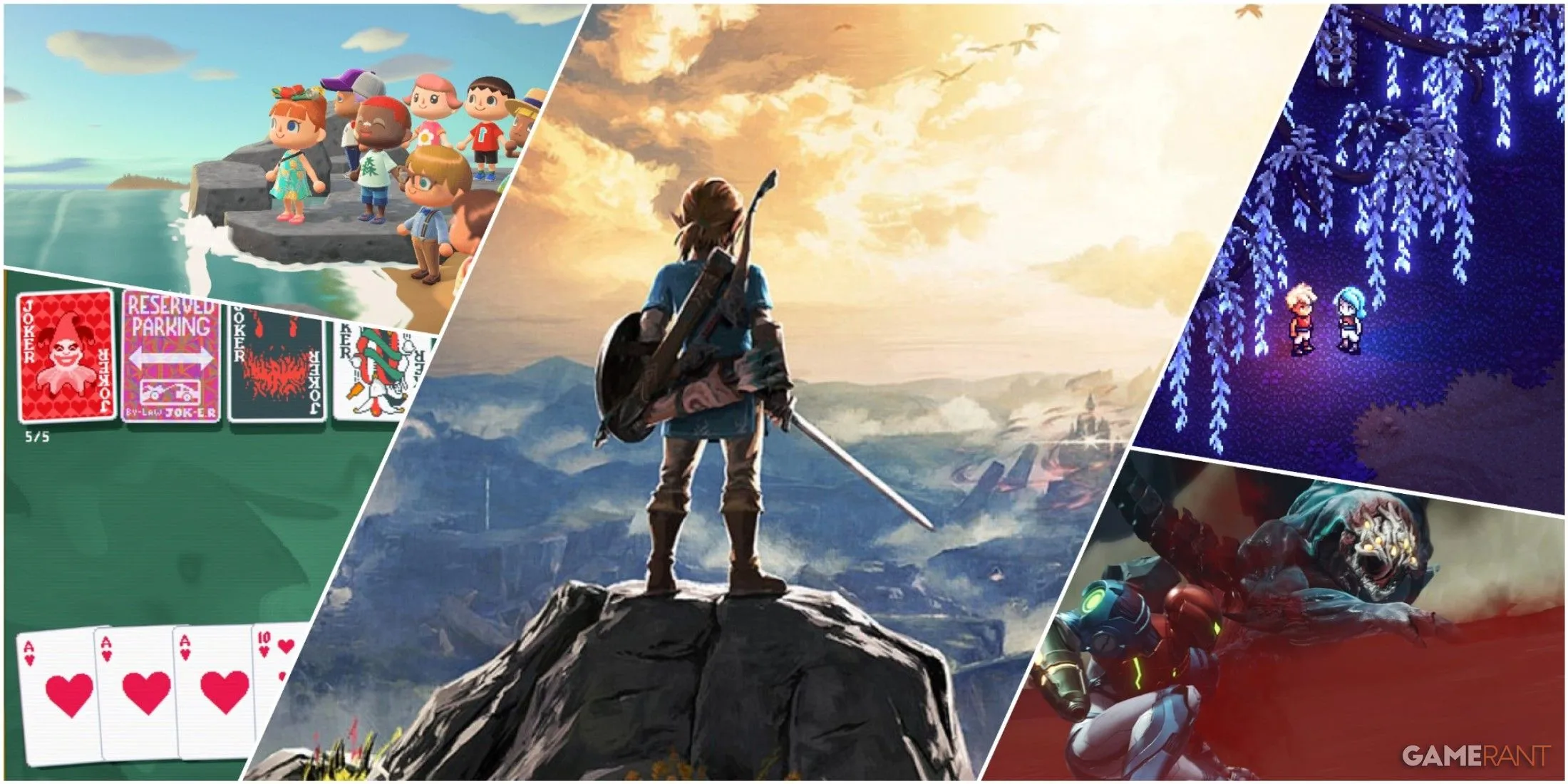 Tổng hợp ảnh bìa và khung hình chính từ các tựa game Nintendo Switch nổi bật như Animal Crossing, Metroid Dread và Zelda Breath of the Wild