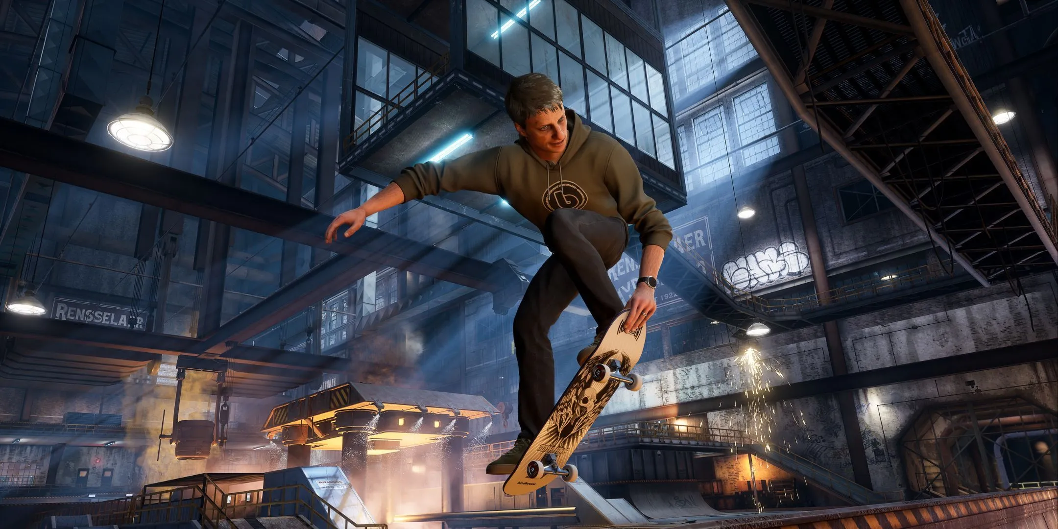 Tony Hawk đang trượt ván trong game Tony Hawk's Pro Skater 3+4 Remake, biểu tượng của series game trượt ván huyền thoại.
