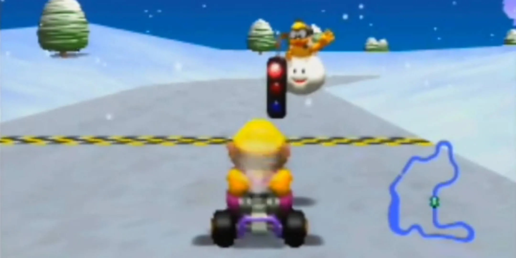 Wario chuẩn bị bắt đầu cuộc đua tại đường đua Frappe Snowland trong Mario Kart 64