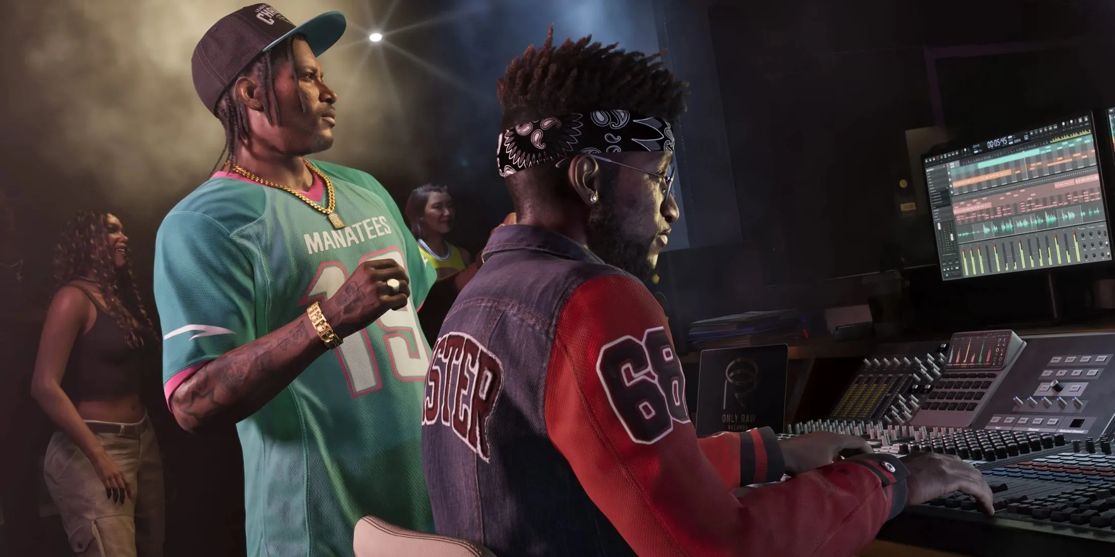 Xe ô tô thể thao màu đỏ trong Grand Theft Auto 6 với logo Rockstar