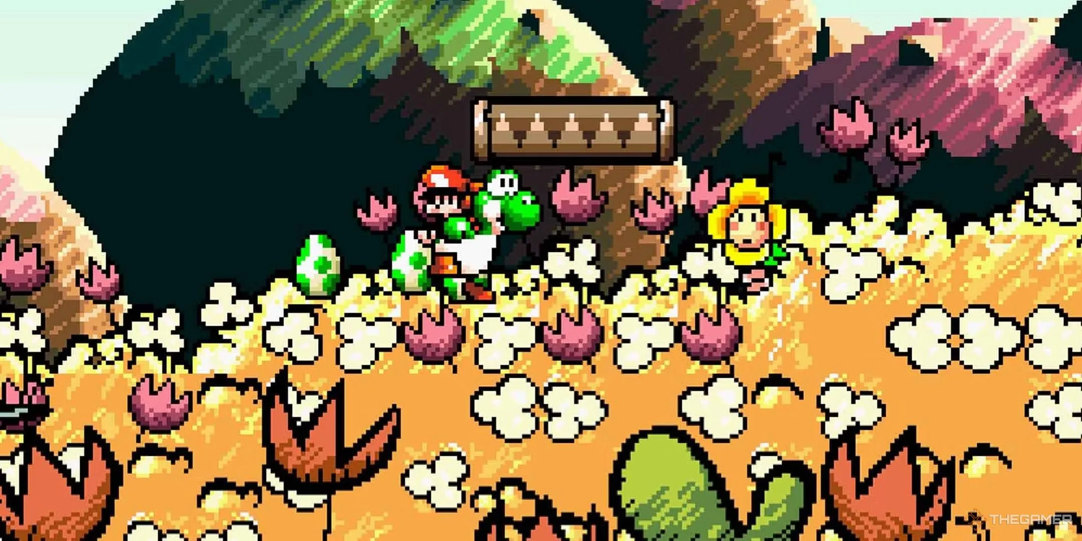 Yoshi cõng Baby Mario băng qua cánh đồng vàng trong Super Mario World 2 Yoshi's Island